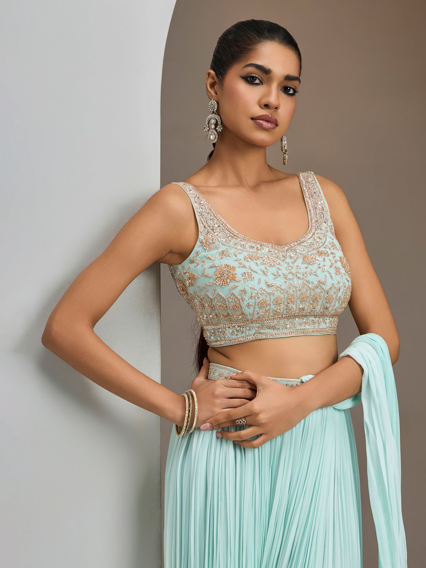 Green Ombre Blouse With Drape Saree