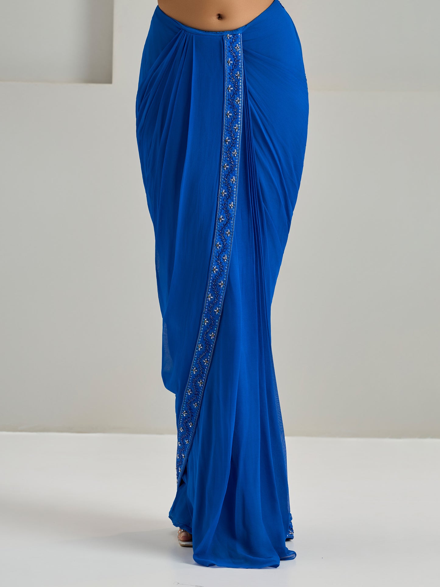 Royal Blue Embroidered Blouse With Georgette Draped Saree