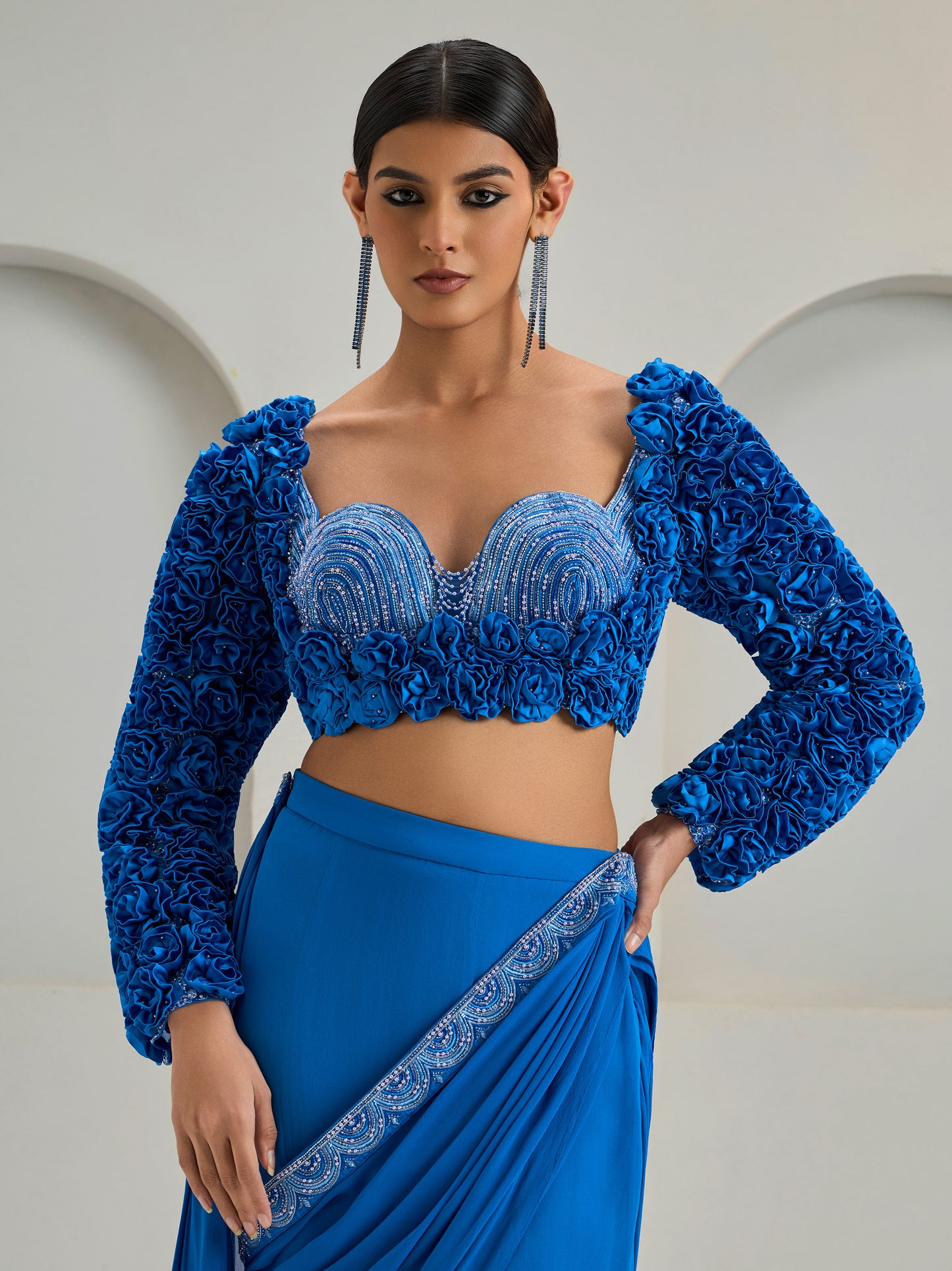 Royal Blue Embroidered Concept Blouse With Georgette Draped Saree