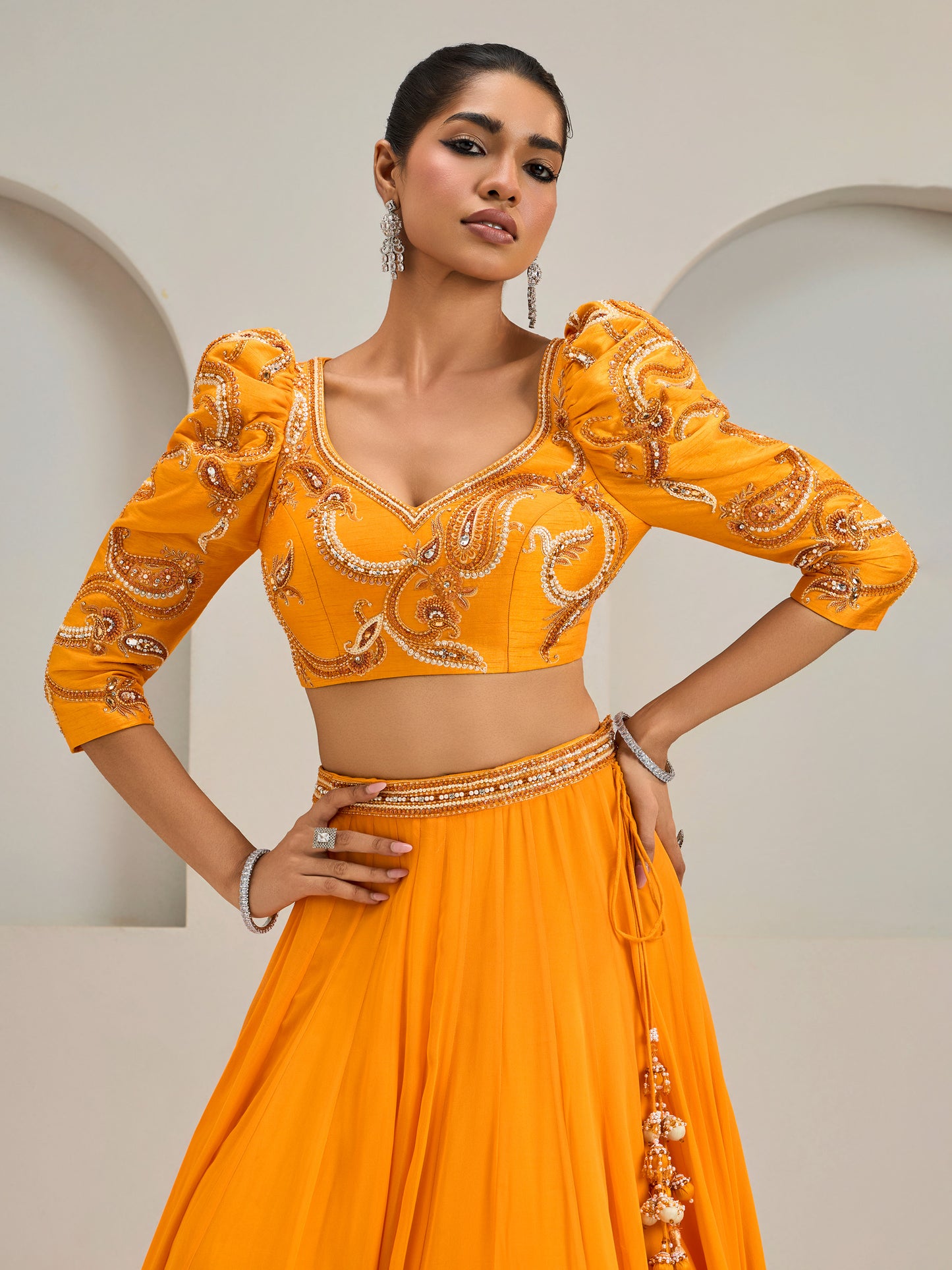 Sunset Orange Embroidered Puffed Sleeves Blouse With Lehanga And Dupatta