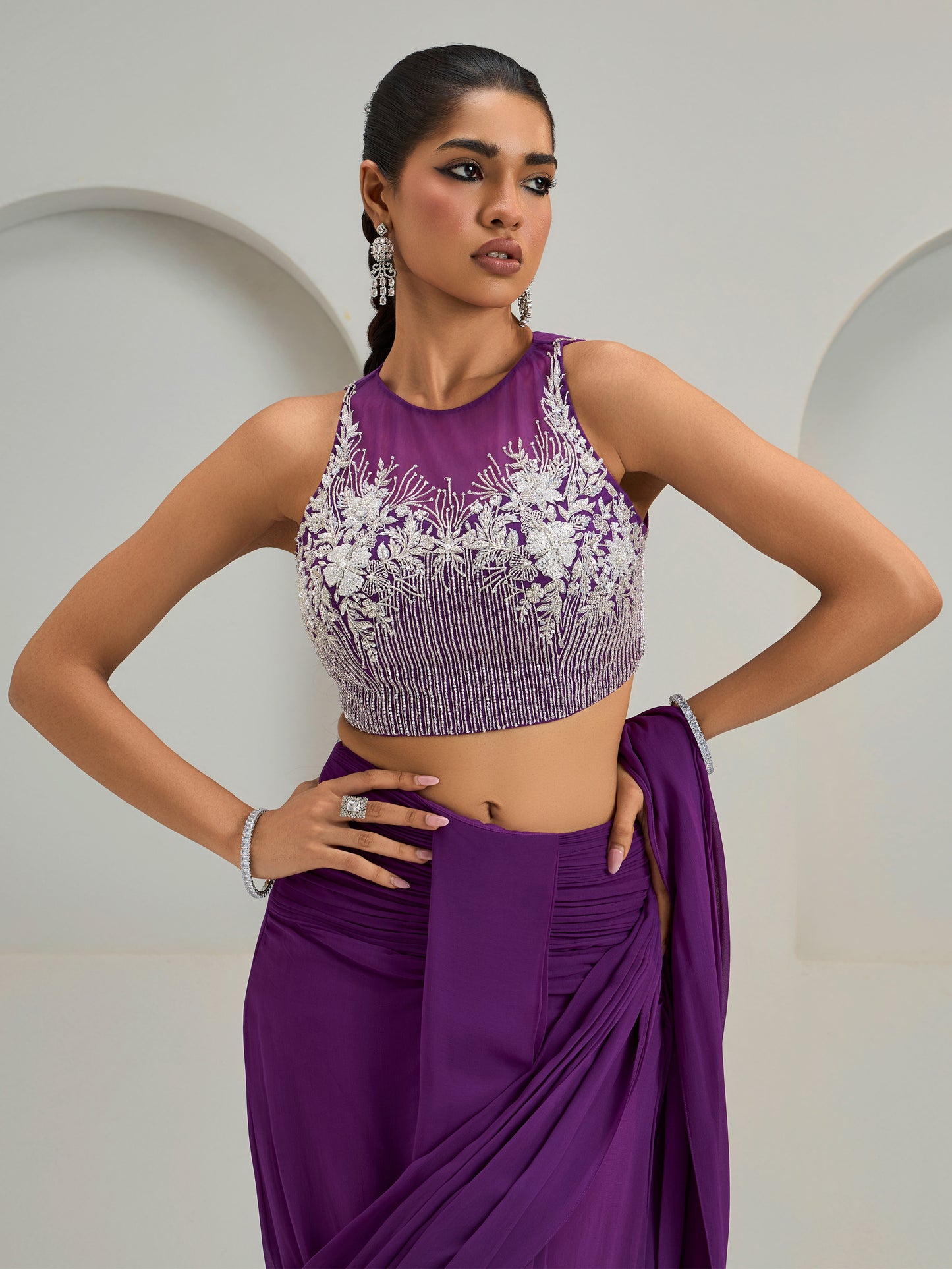 Purple Net Blouse With Hip Ruched Drape Saree
