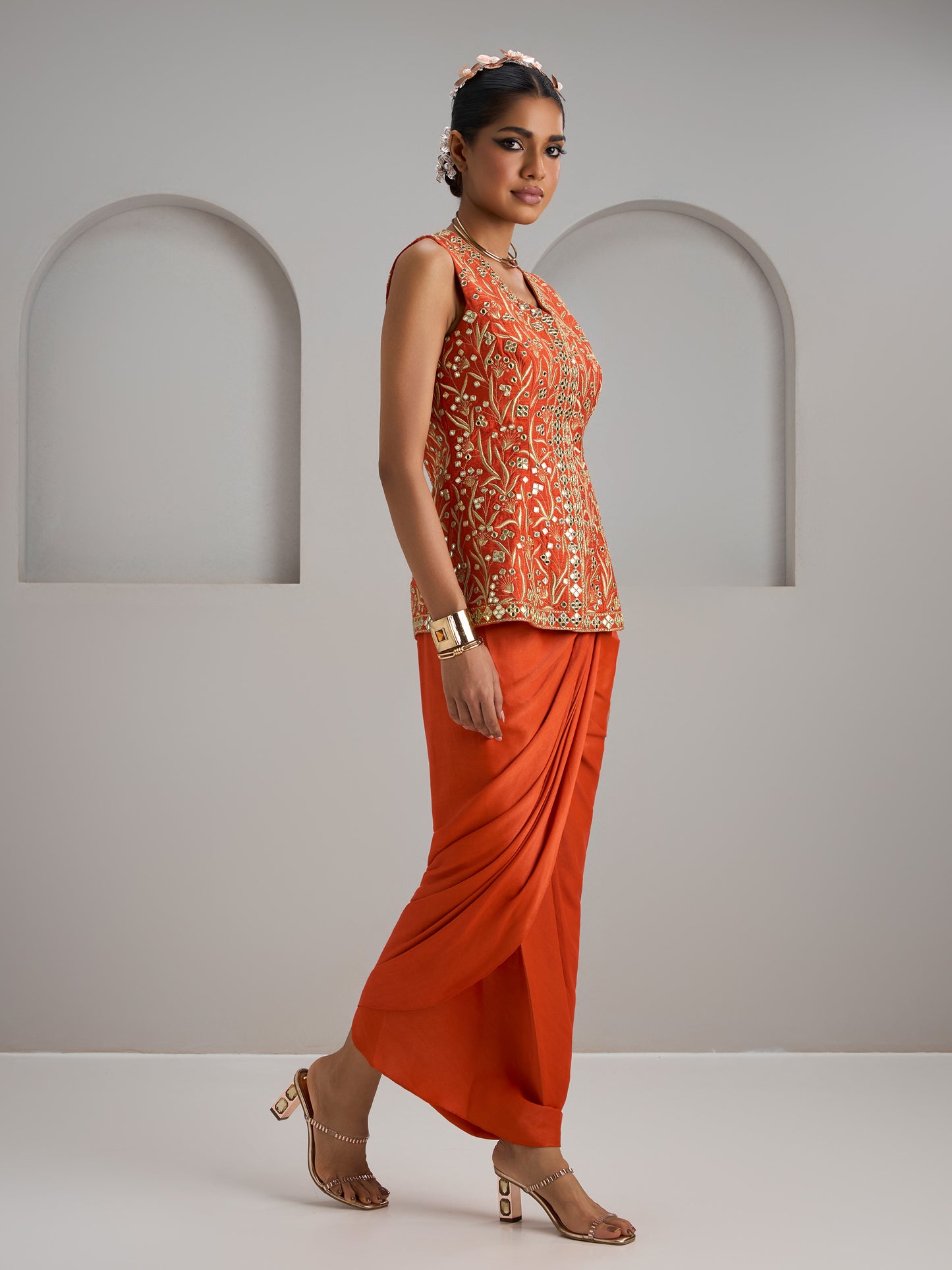 Orange Rawsilk Jacket With Skirt