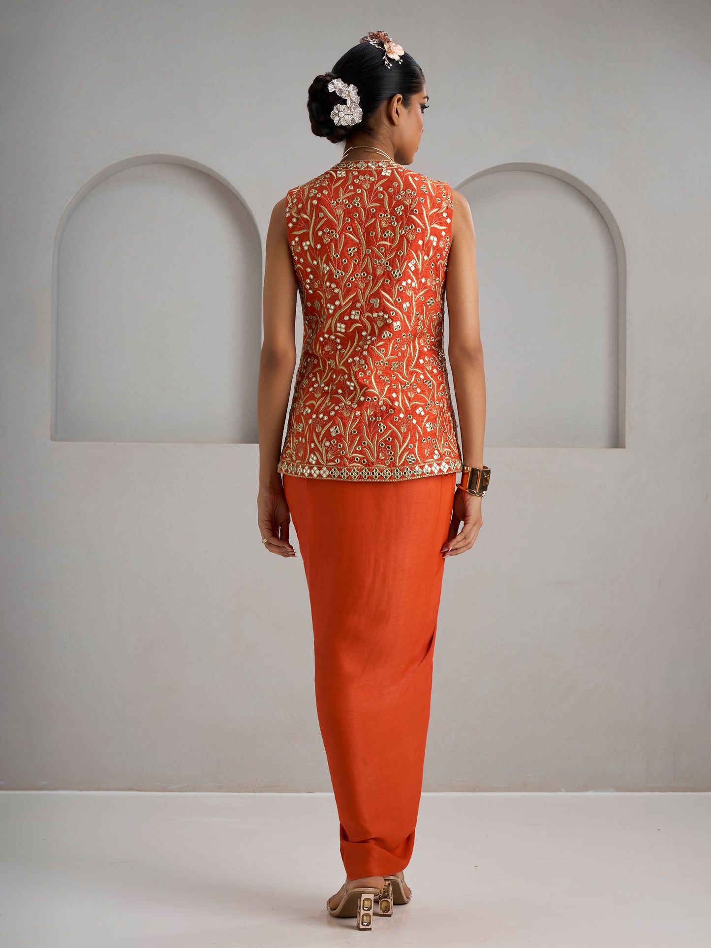 Orange Rawsilk Jacket With Skirt