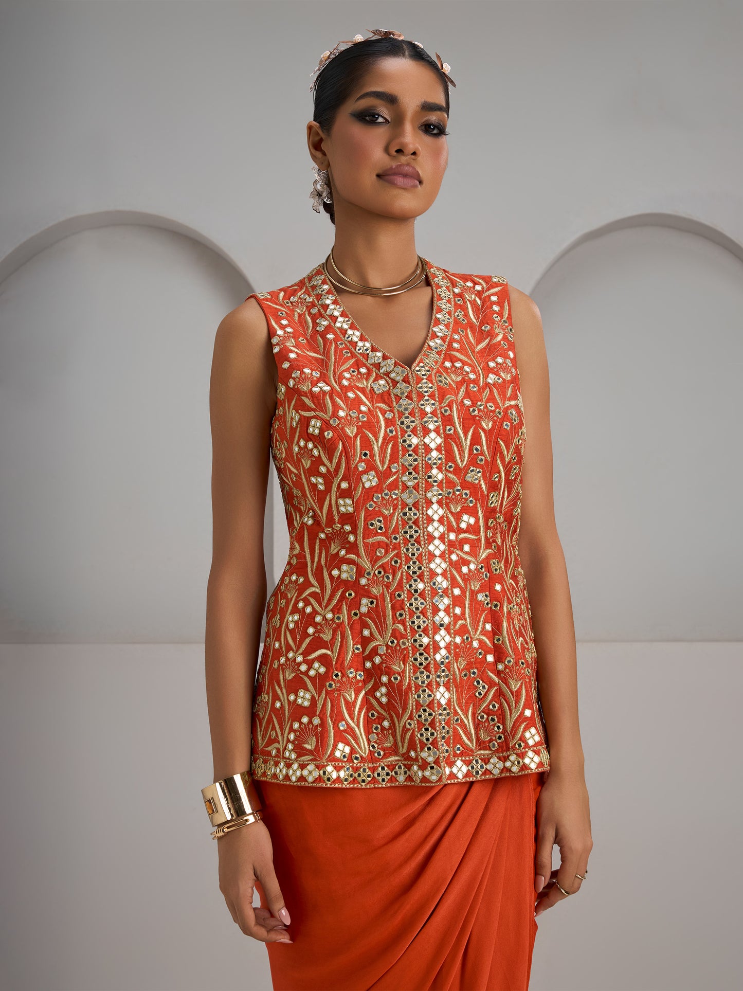 Orange Rawsilk Jacket With Skirt