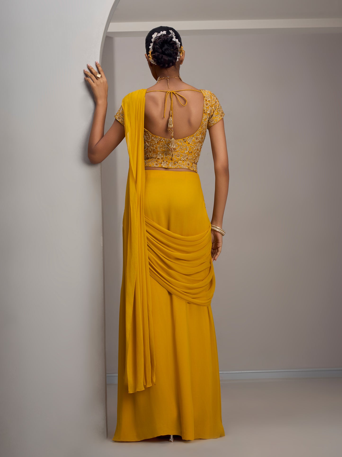 Mustard Rawsilk Blouse With Drape Saree And Belt