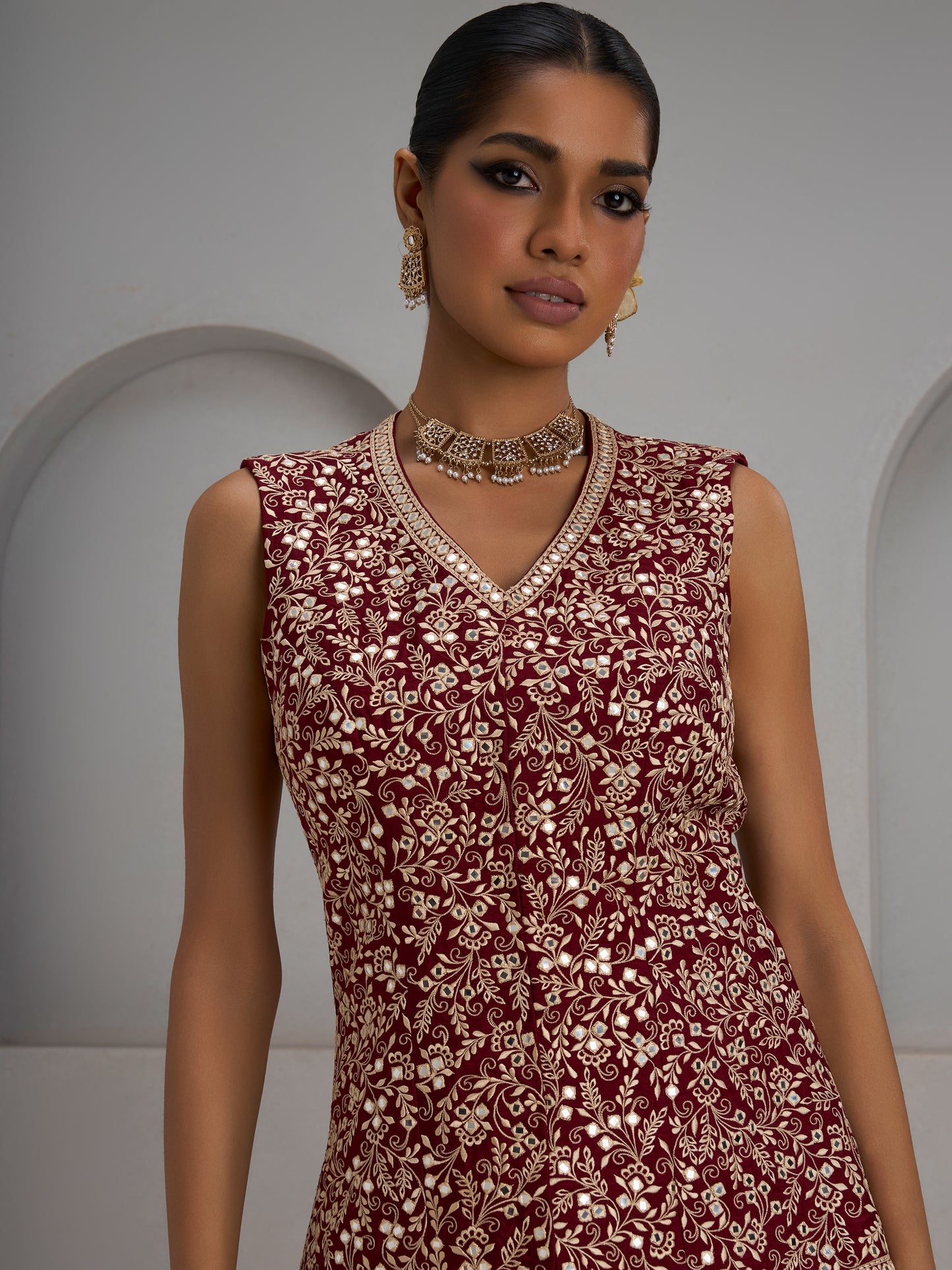Maroon Jacket With Flared Sharara Pants