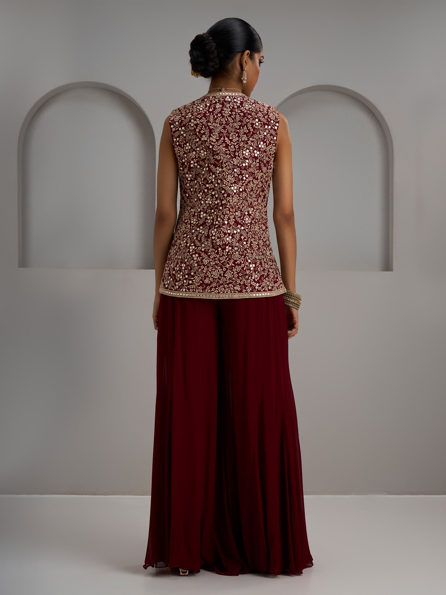 Maroon Jacket With Flared Sharara Pants