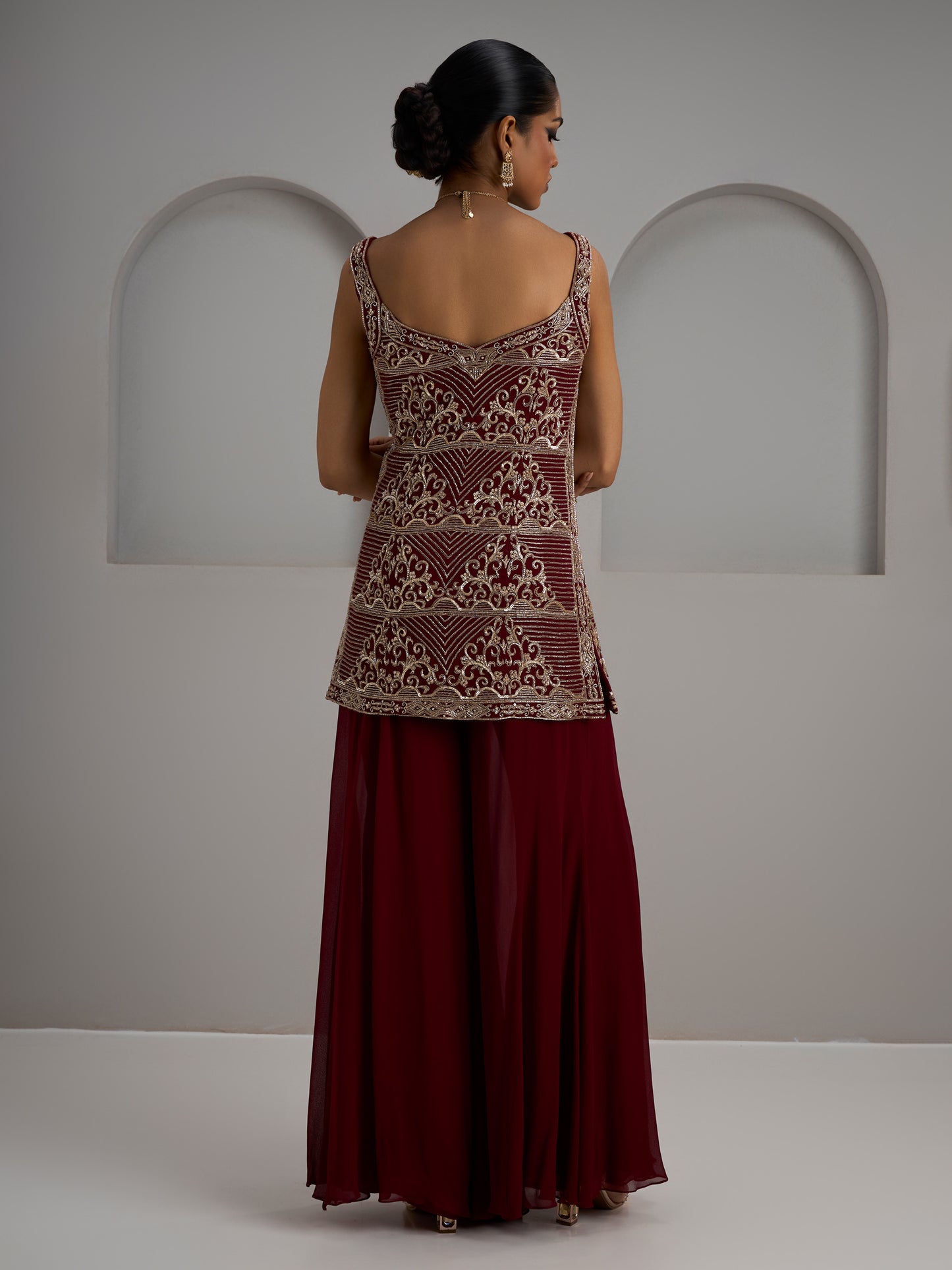 Maroon Georgette Kurti With Sharara And Dupatta