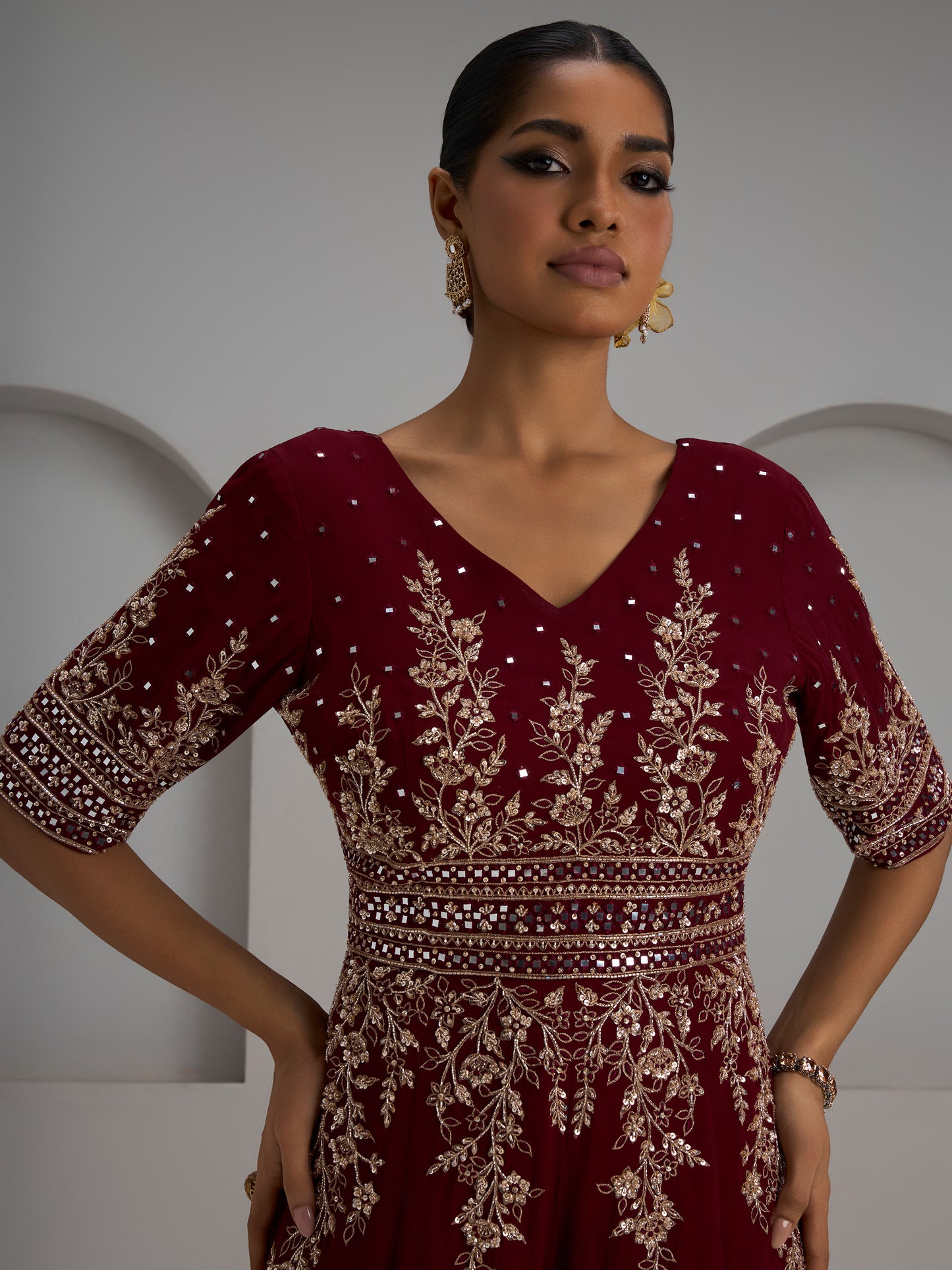 Maroon Hand Embroidered Half Sleeves Jumpsuit
