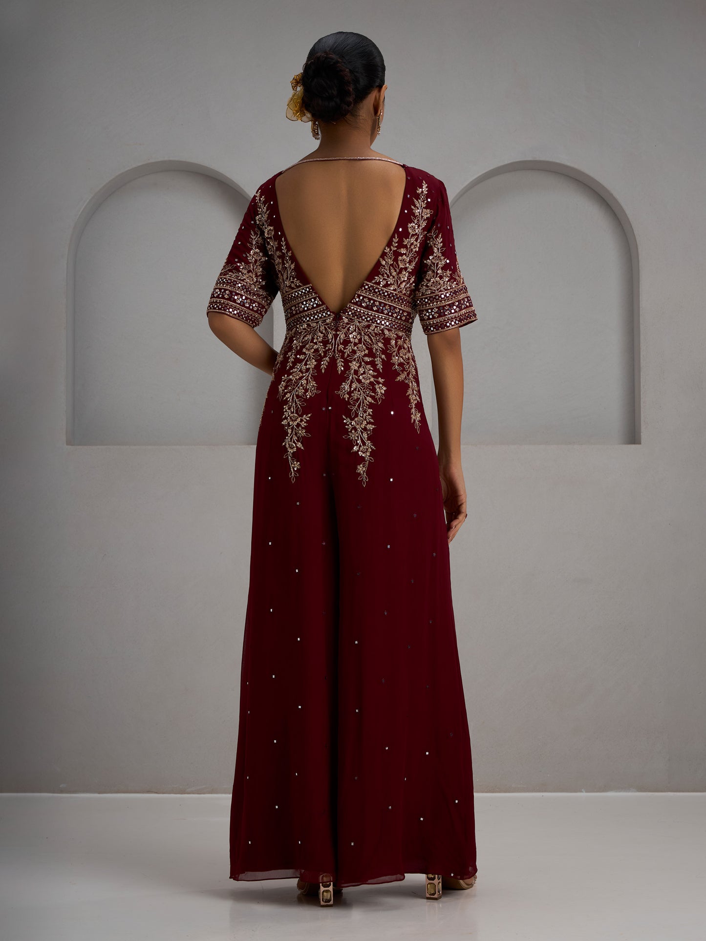 Maroon Hand Embroidered Half Sleeves Jumpsuit