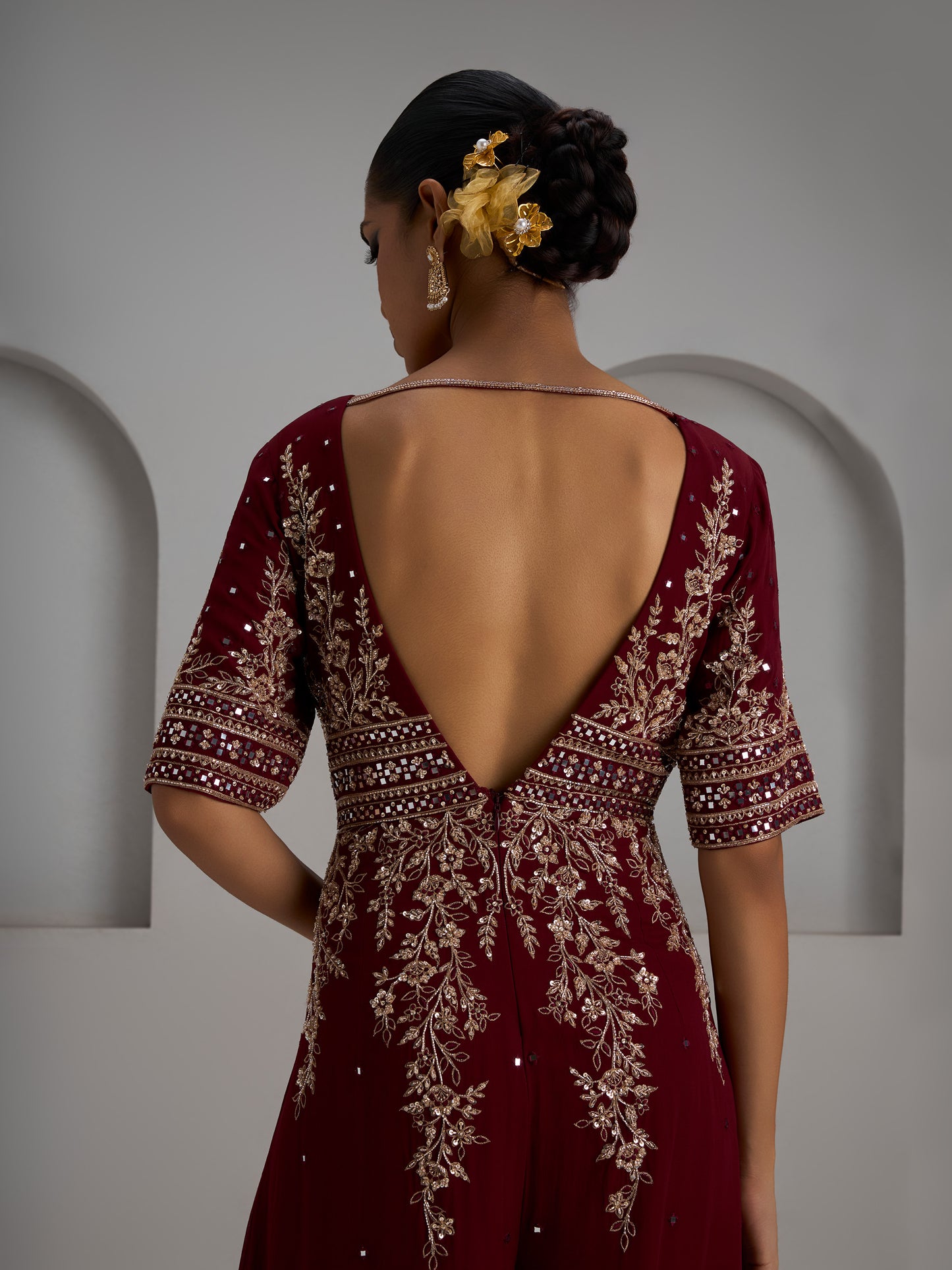 Maroon Hand Embroidered Half Sleeves Jumpsuit