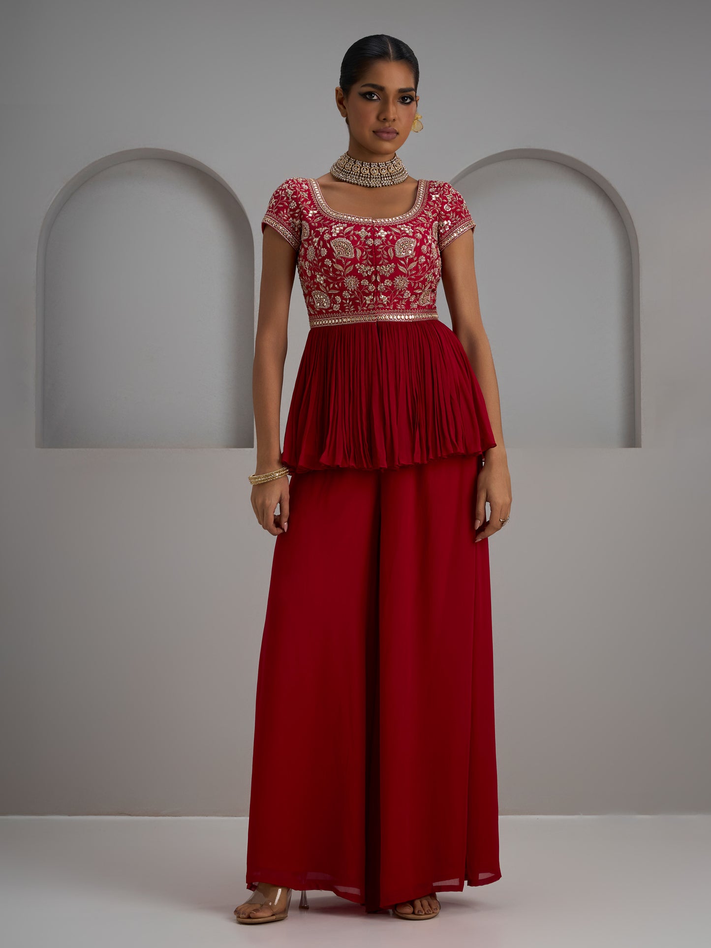 Cherry Red Peplum Kurta With Sharara Pant
