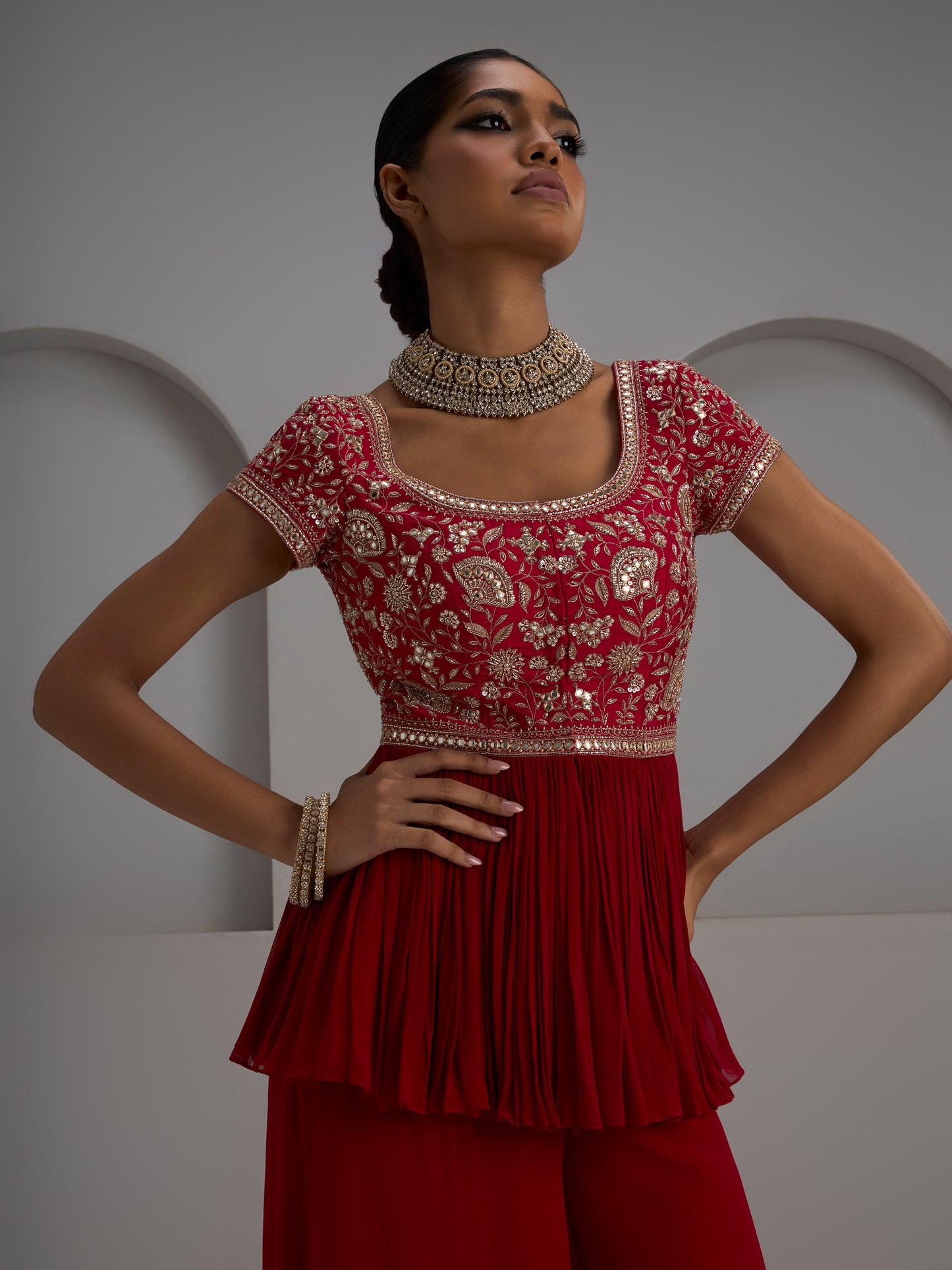 Cherry Red Peplum Kurta With Sharara Pant
