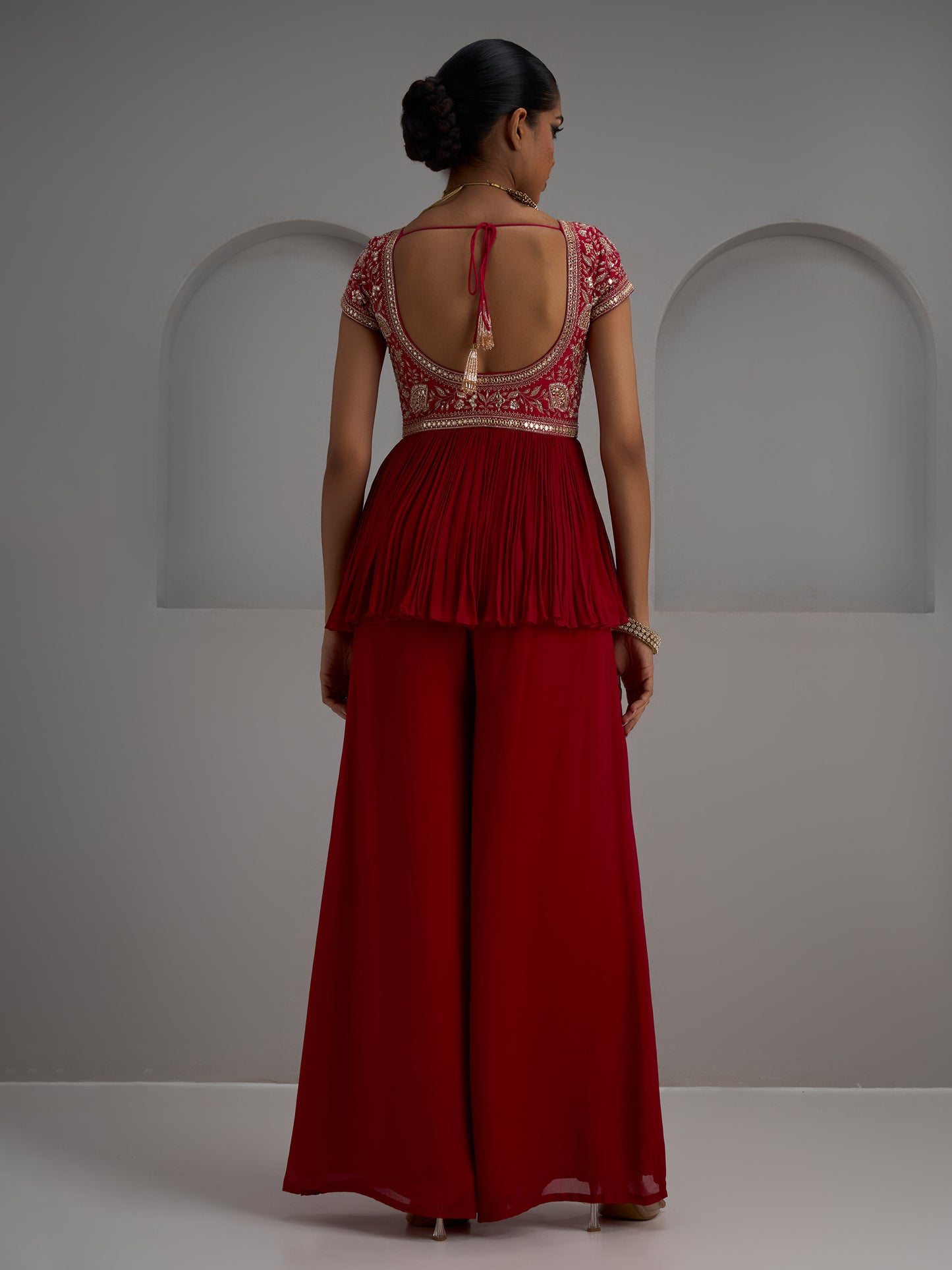 Cherry Red Peplum Kurta With Sharara Pant