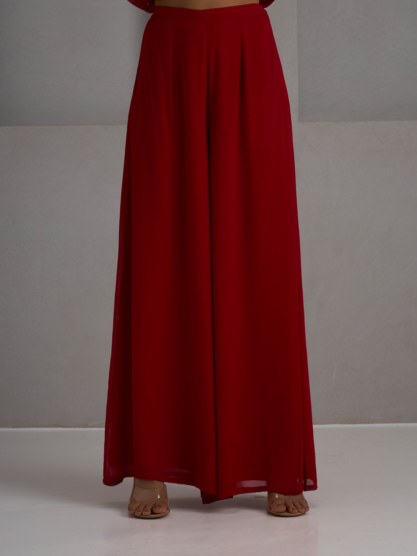 Cherry Red Peplum Kurta With Sharara Pant