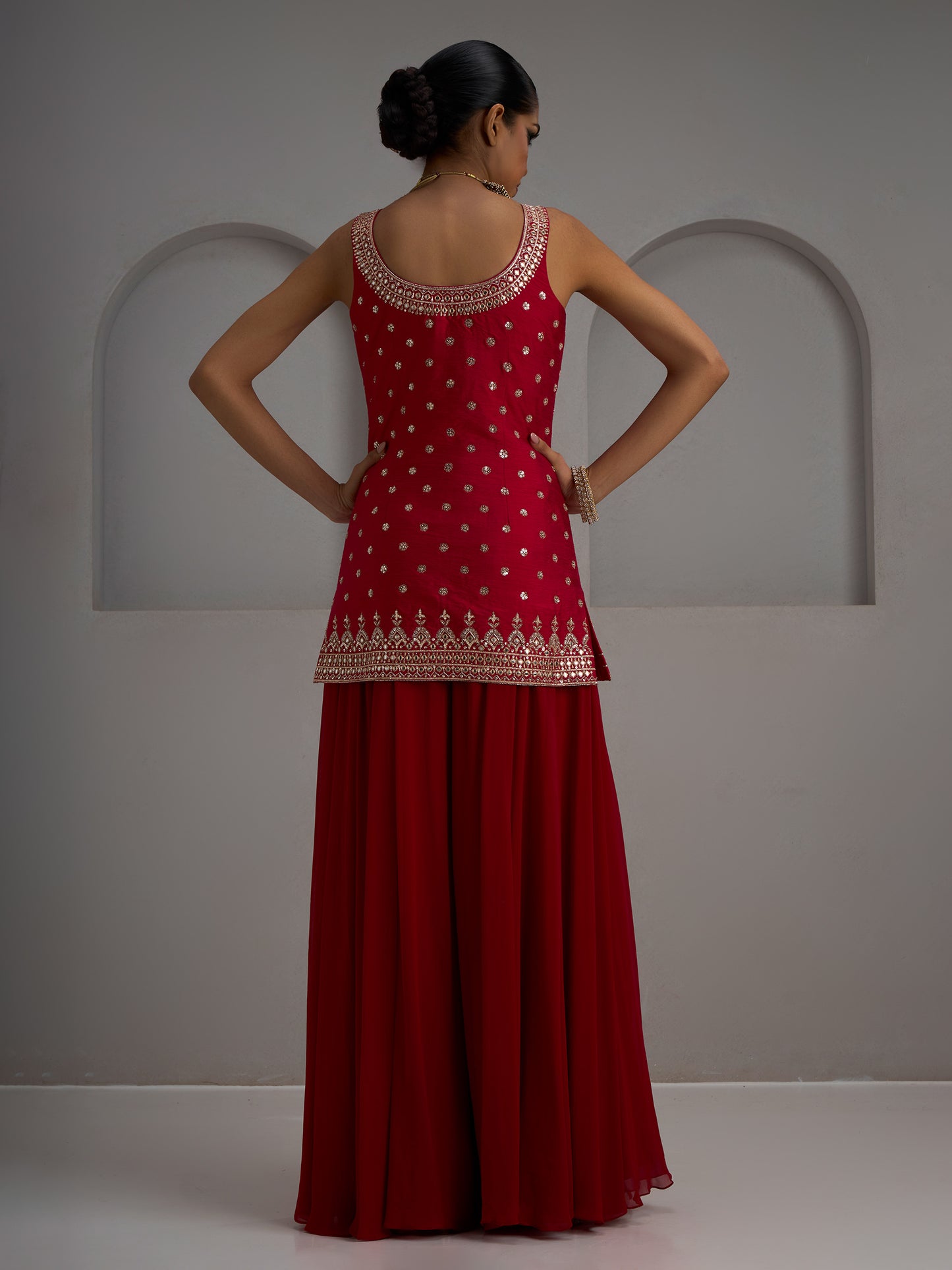 Red Tunic Kurta With Dupatta And Flared Sharara Pant