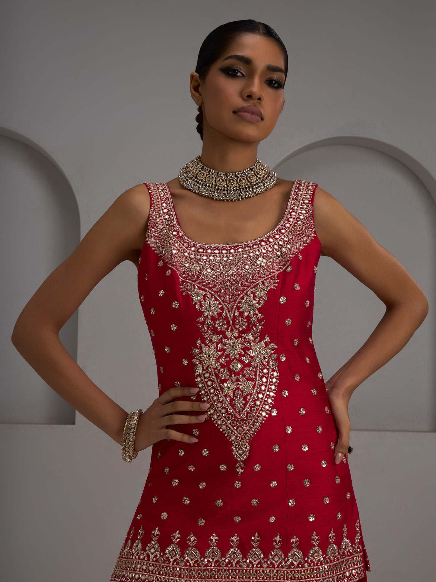 Red Tunic Kurta With Dupatta And Flared Sharara Pant