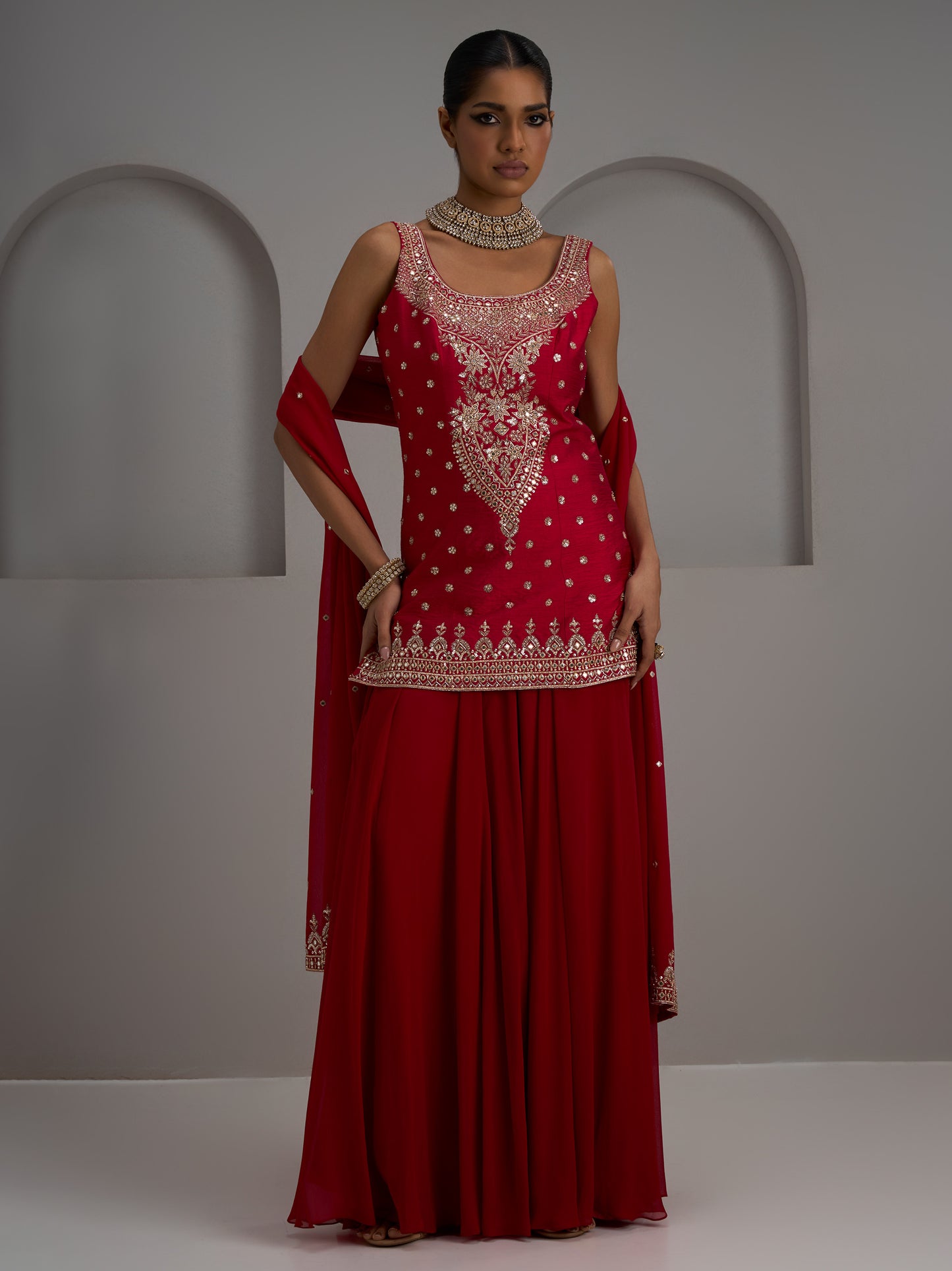 Red Tunic Kurta With Dupatta And Flared Sharara Pant