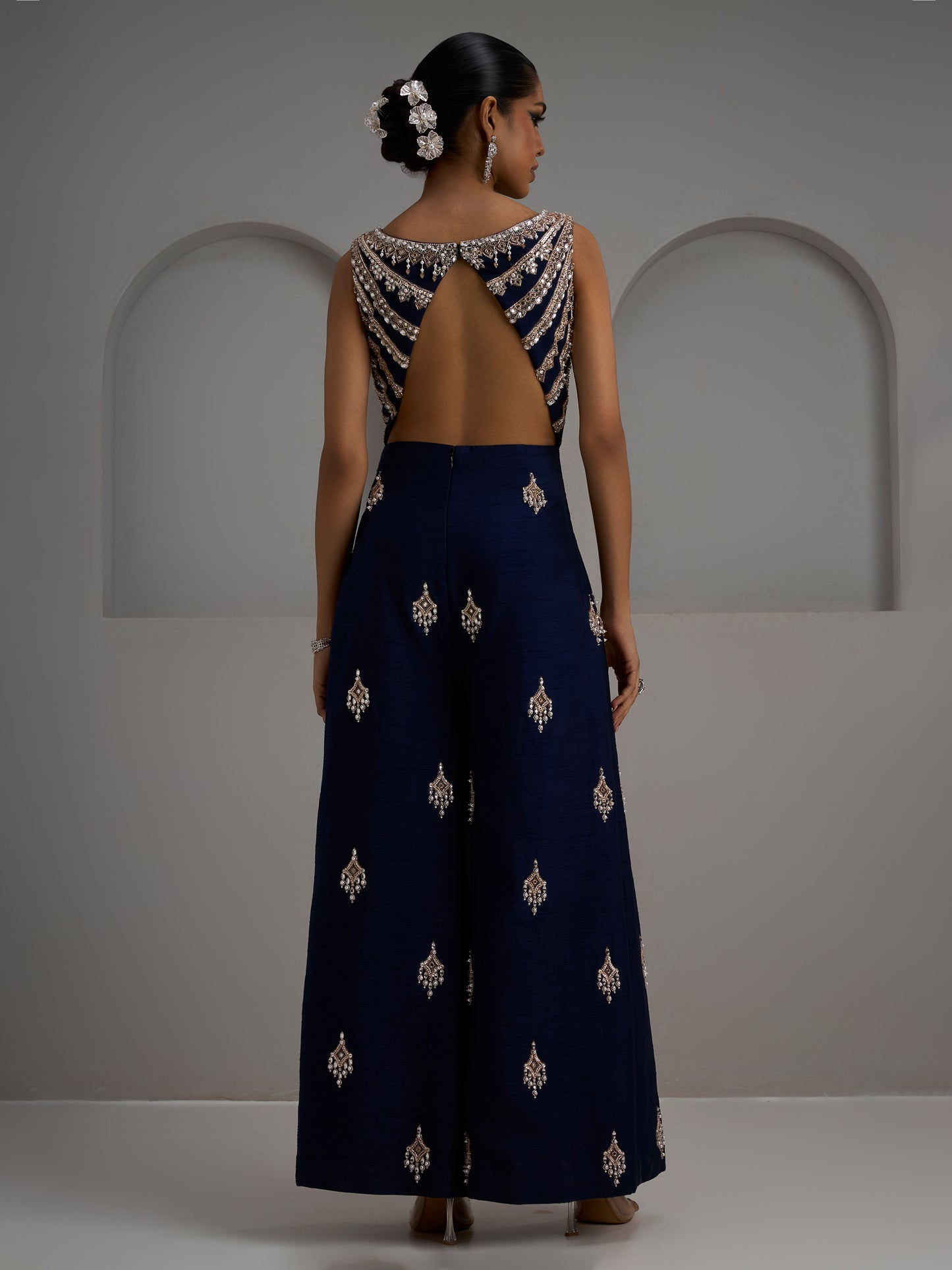 Navy Hand Embroidered Sleeveless Jumpsuit