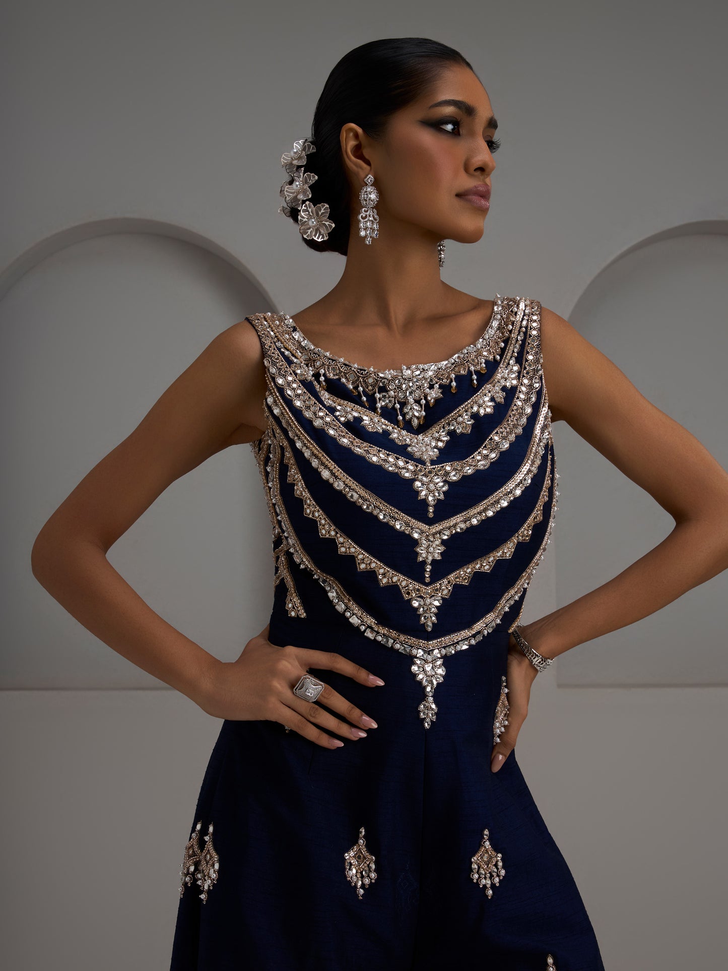 Navy Hand Embroidered Sleeveless Jumpsuit