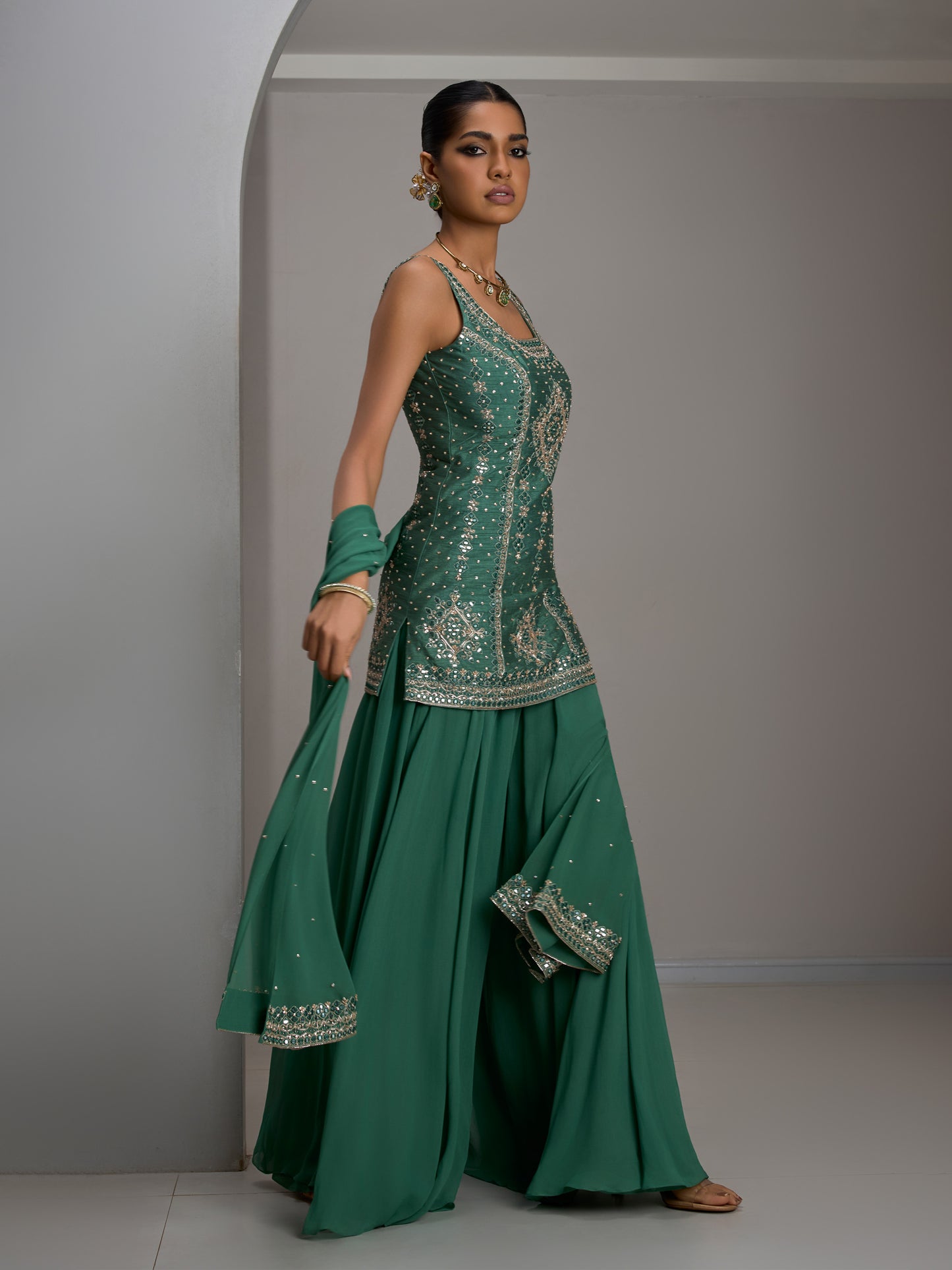 Sage Green Tunic Kurta With Dupatta And Flared Sharara Pant