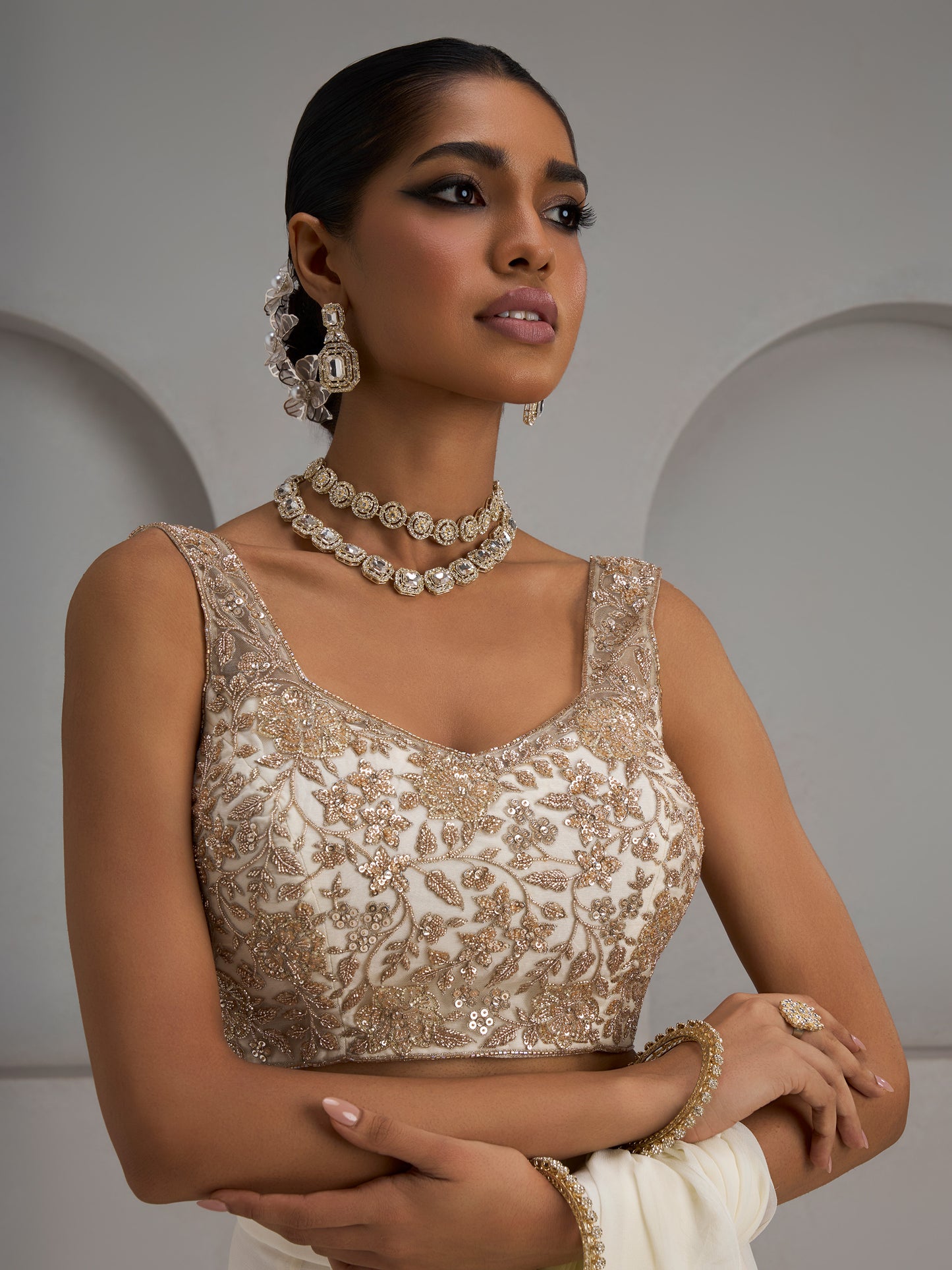 Ivory Net Halter Blouse With Drape Saree And Belt