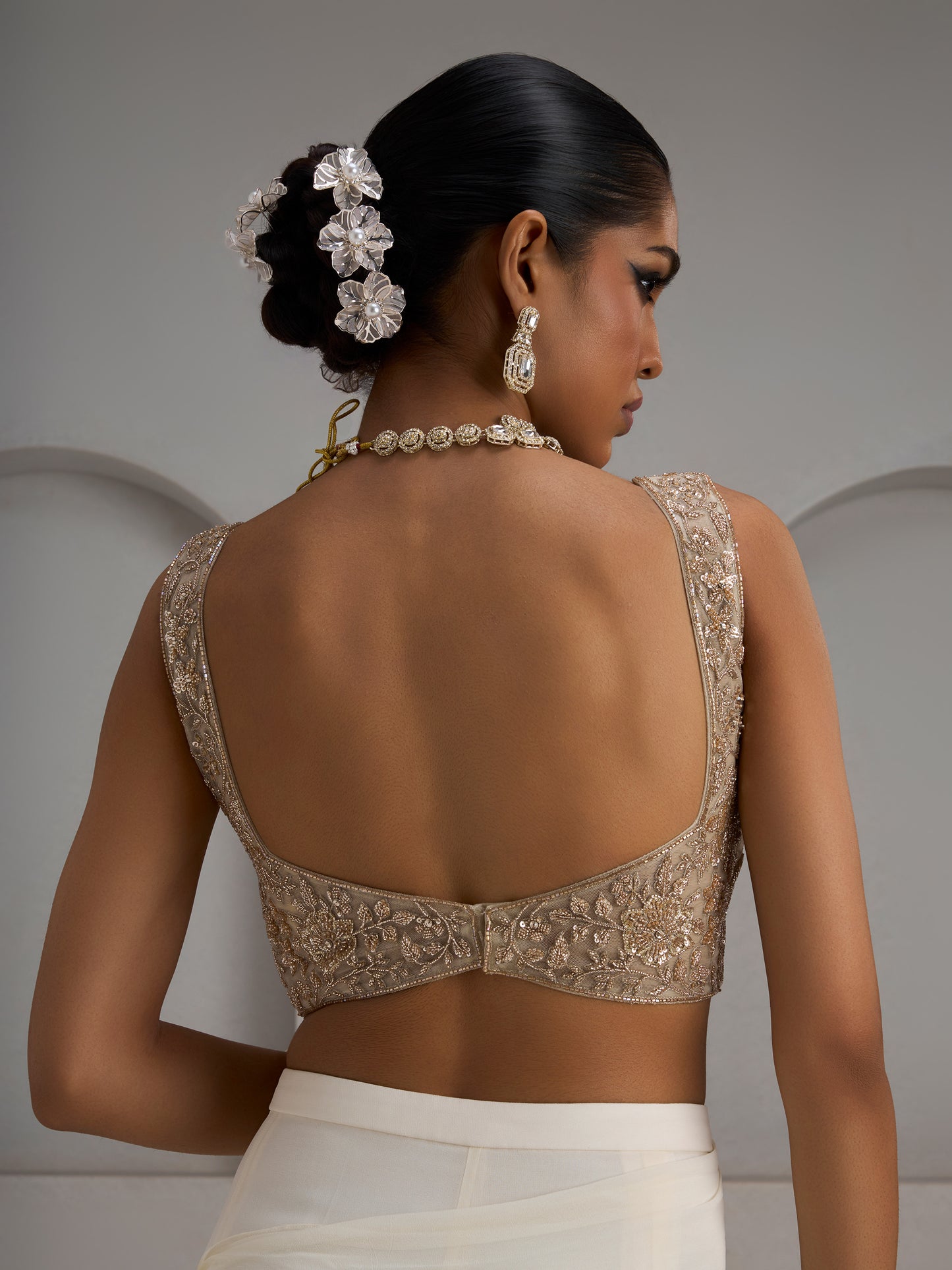 Ivory Net Halter Blouse With Drape Saree And Belt