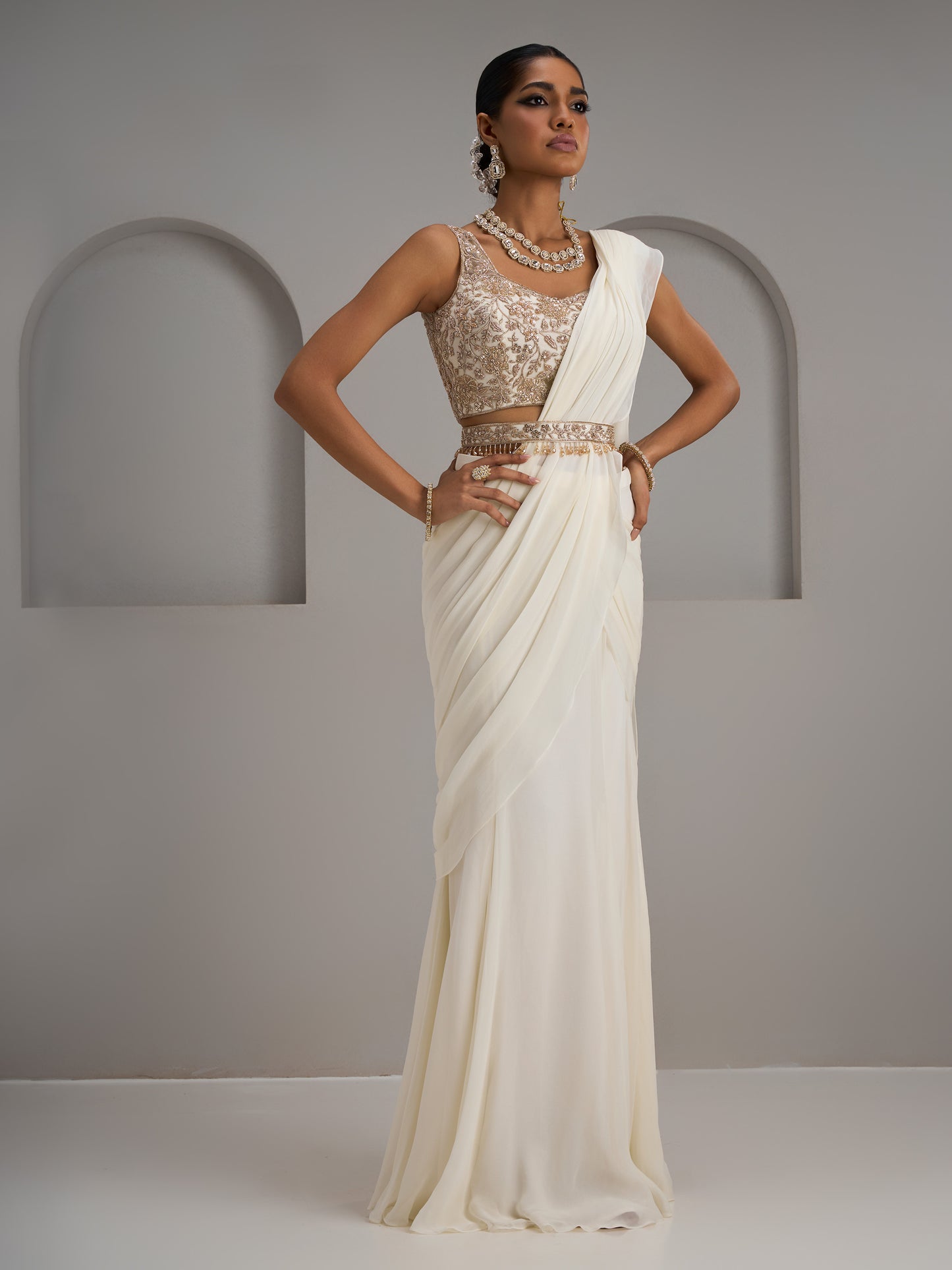 Ivory Net Halter Blouse With Drape Saree And Belt