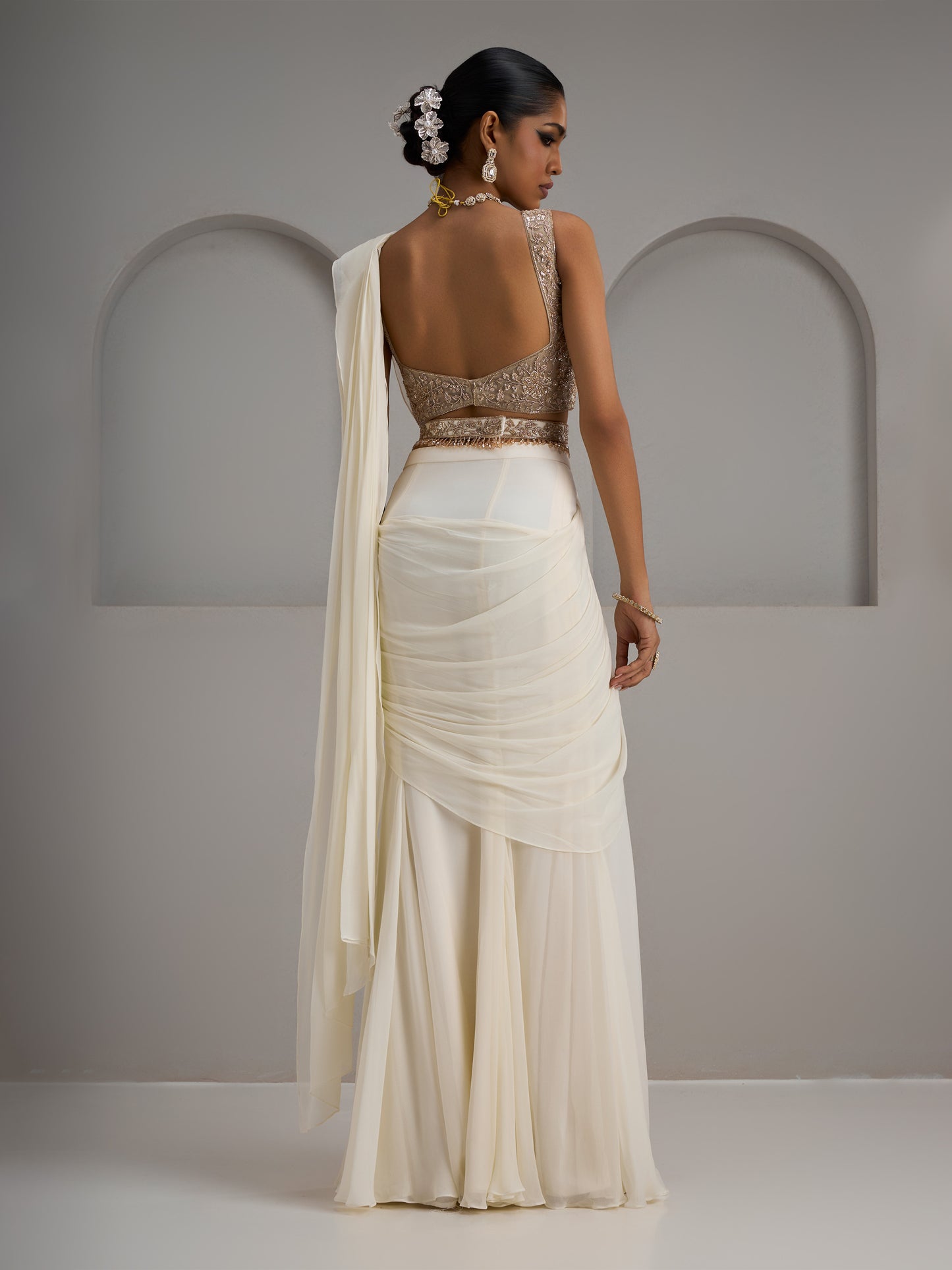 Ivory Net Halter Blouse With Drape Saree And Belt