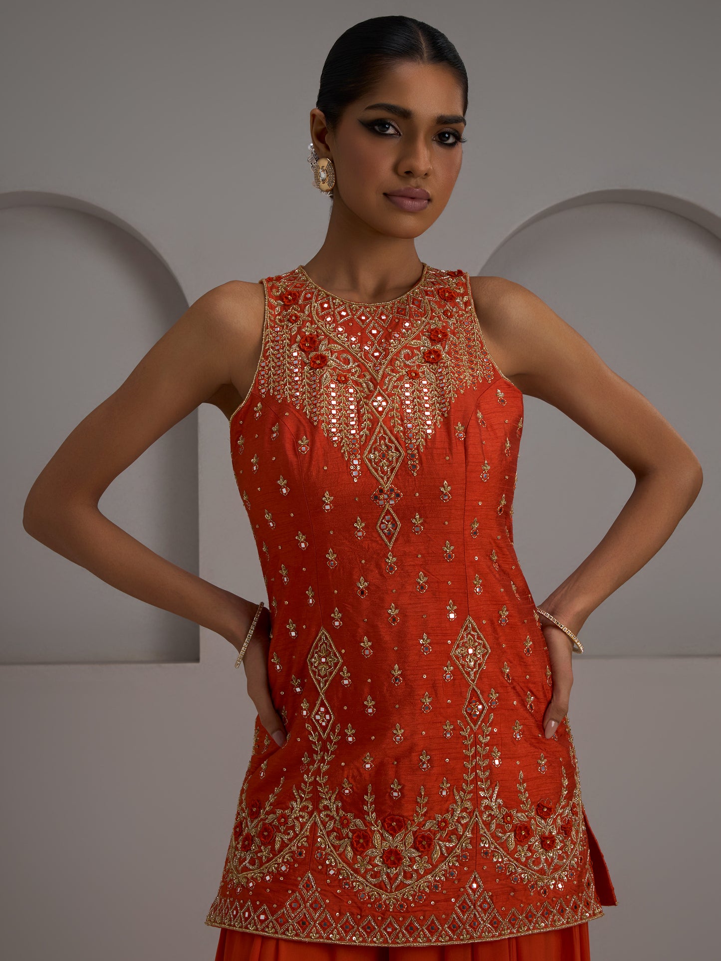 Orange Tunic Kurta With Dupatta And Flared Sharara Pant