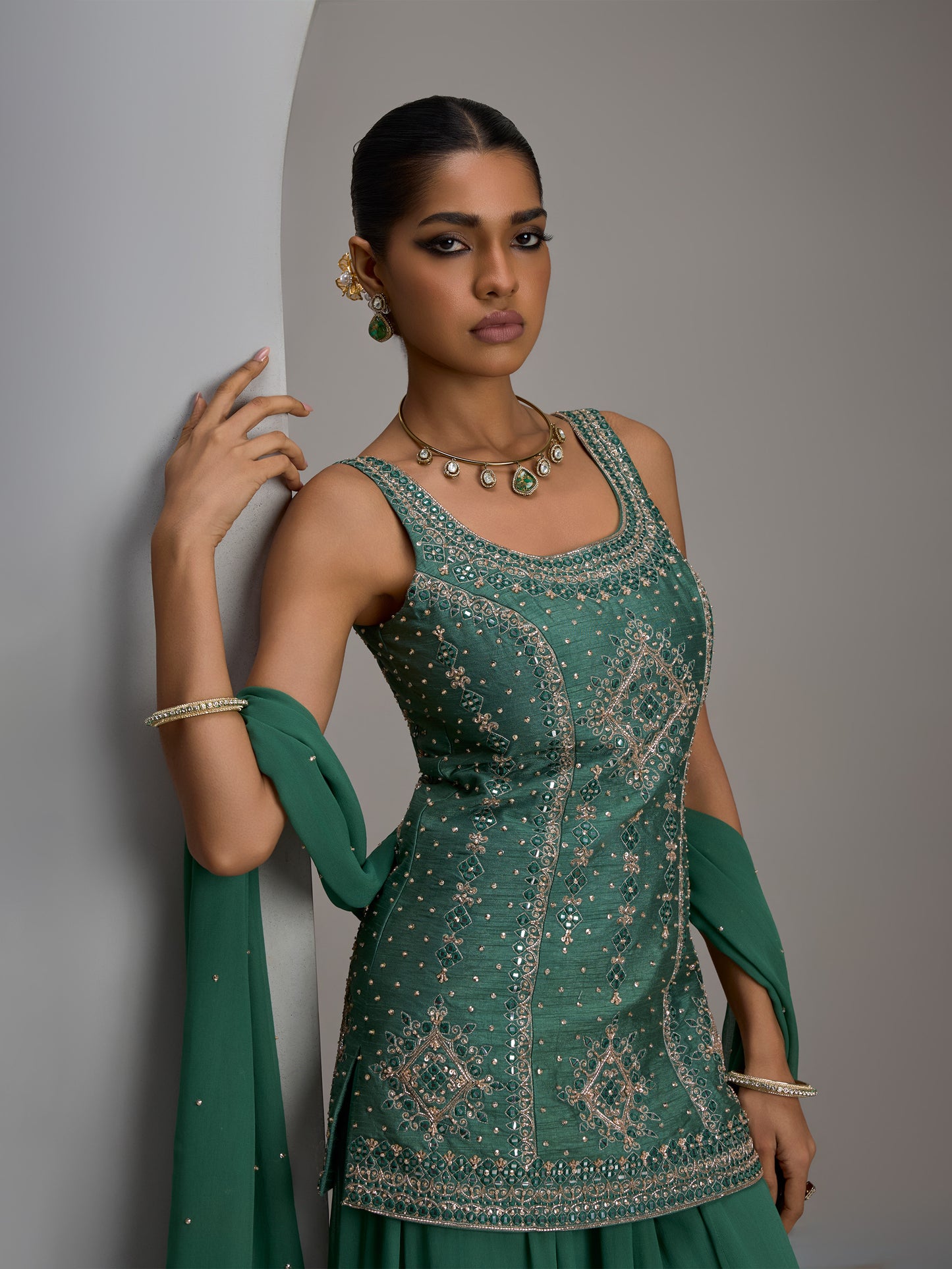 Sage Green Tunic Kurta With Dupatta And Flared Sharara Pant