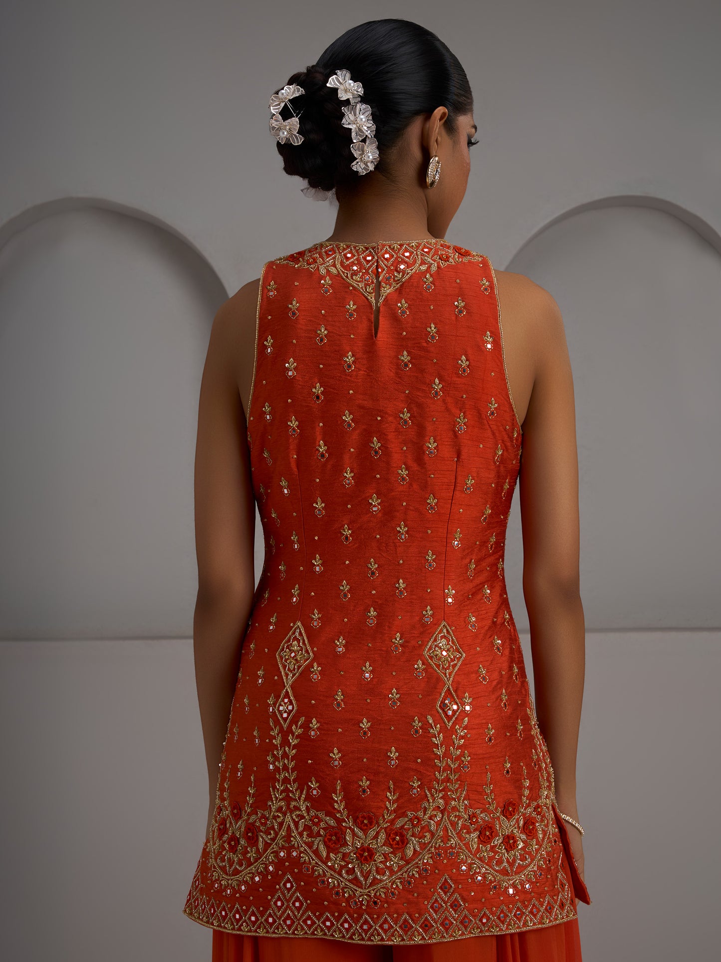 Orange Tunic Kurta With Dupatta And Flared Sharara Pant