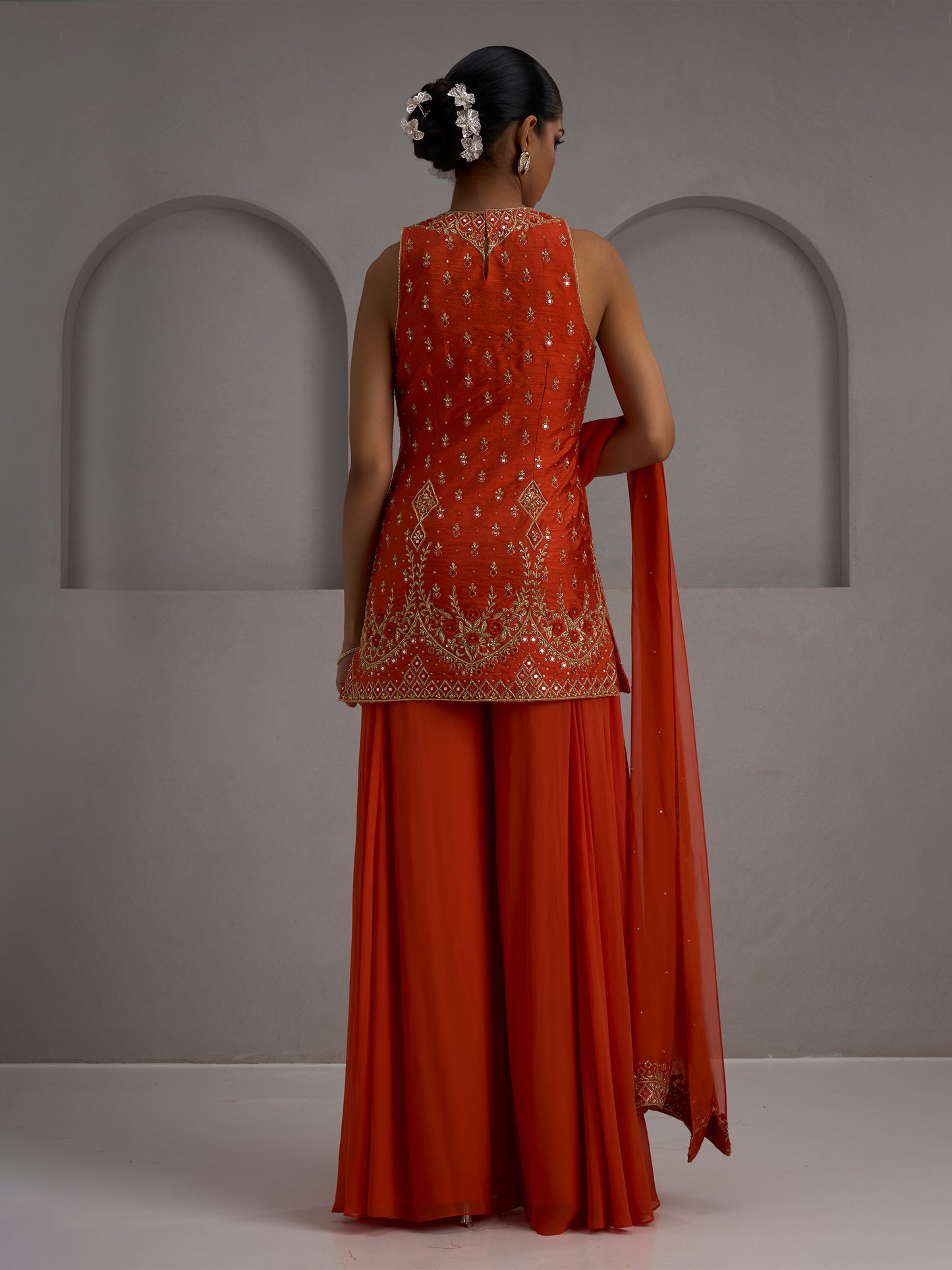 Orange Tunic Kurta With Dupatta And Flared Sharara Pant