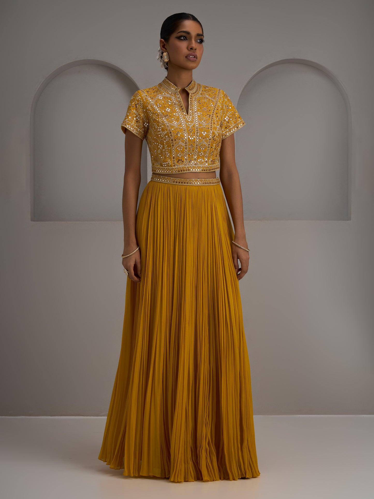 Mustard Blouse With Gather Skirt And Dupatta