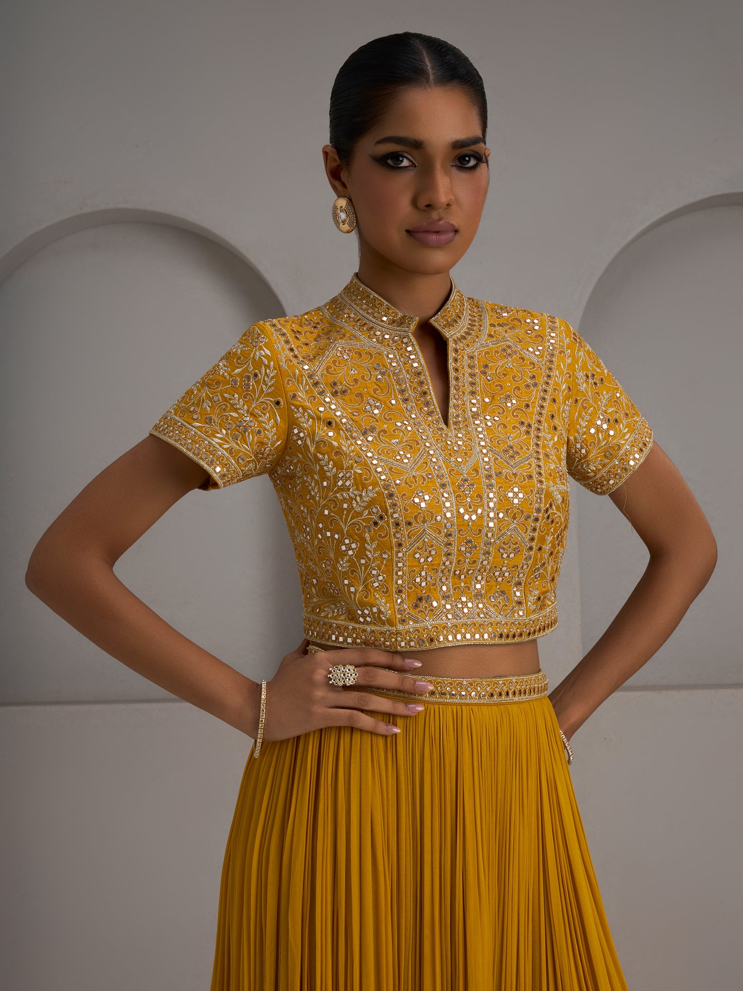 Mustard Blouse With Gather Skirt And Dupatta