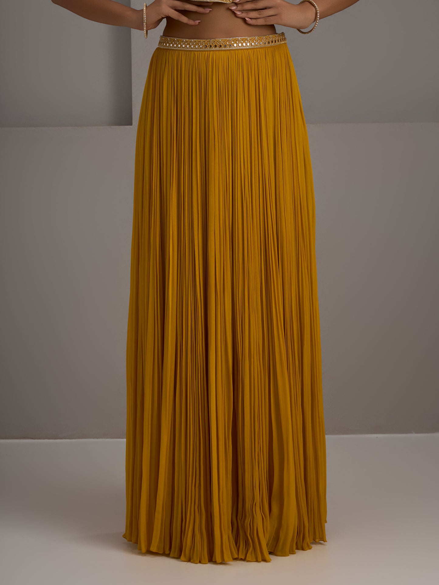 Mustard Blouse With Gather Skirt And Dupatta