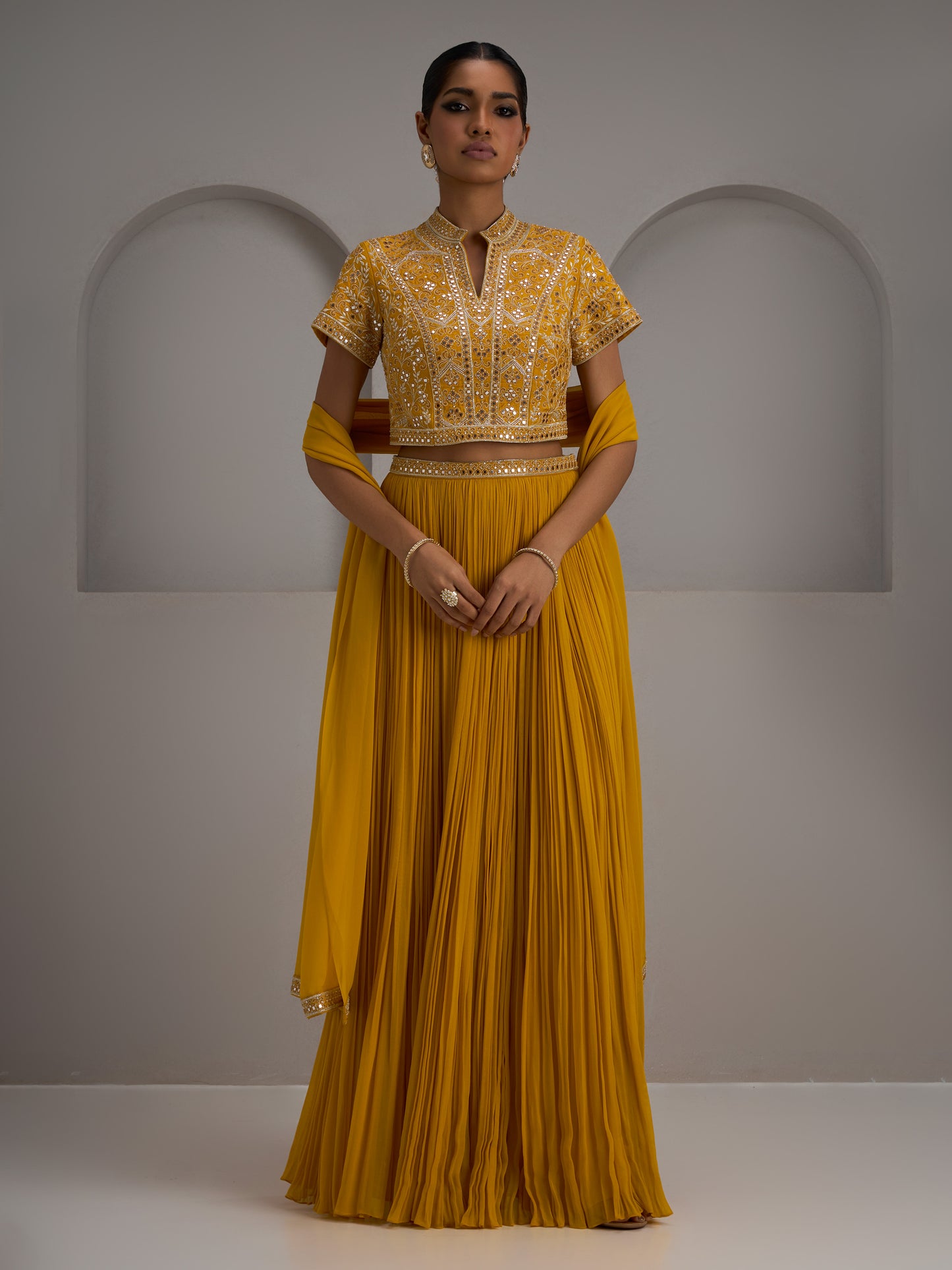 Mustard Blouse With Gather Skirt And Dupatta