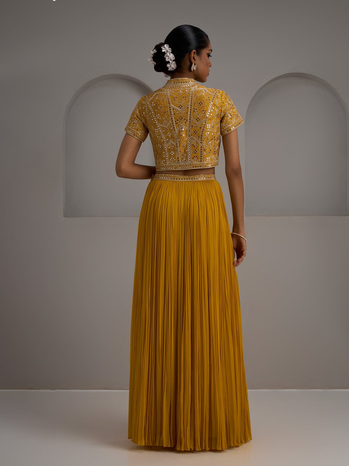 Mustard Blouse With Gather Skirt And Dupatta