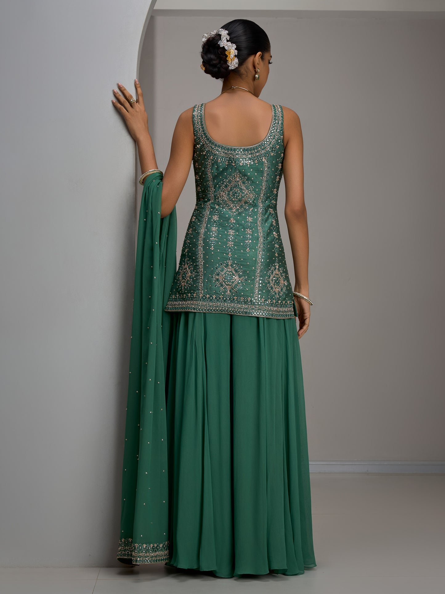 Sage Green Tunic Kurta With Dupatta And Flared Sharara Pant