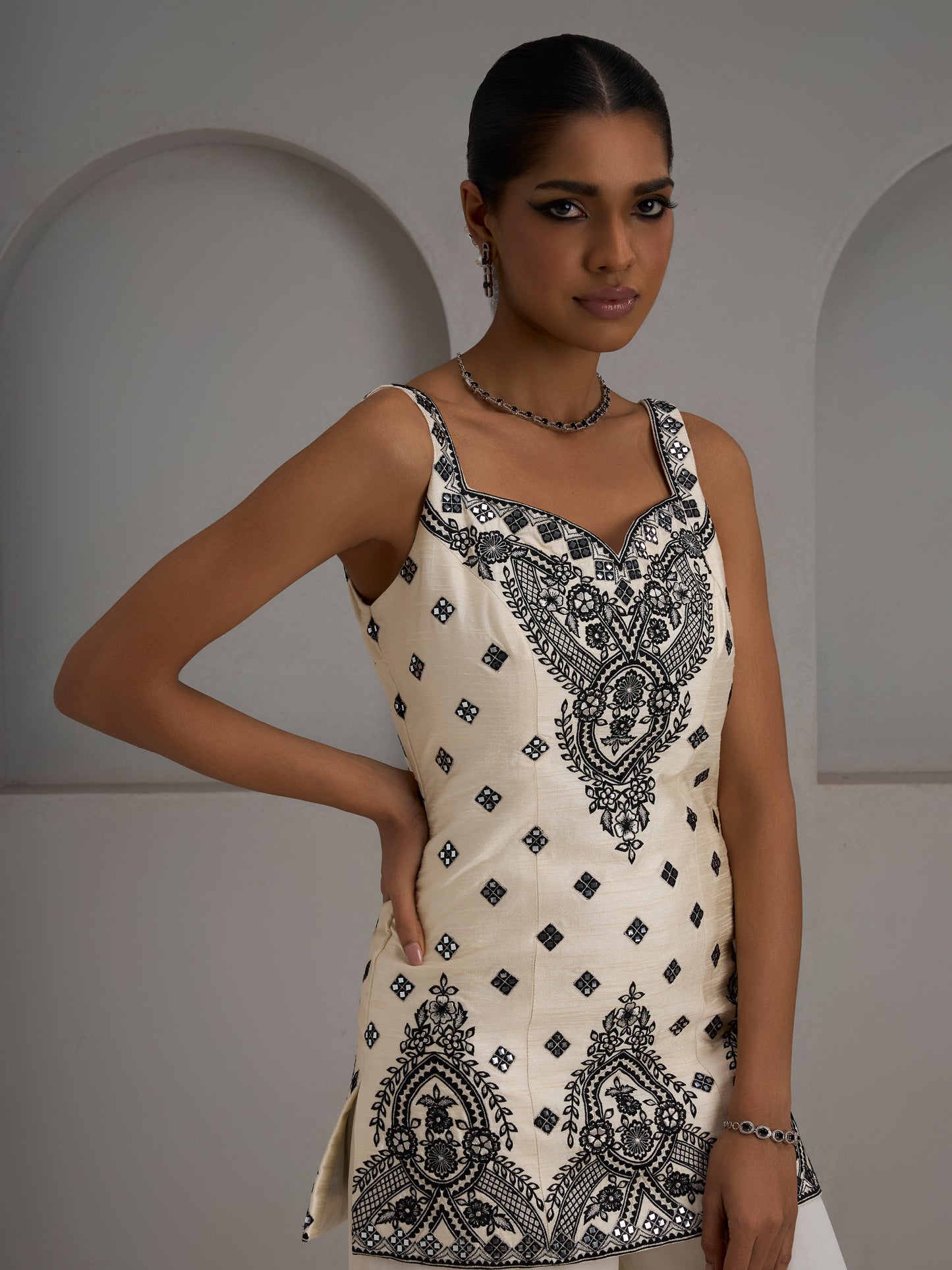 Ivory Tunic Kurta With Dupatta And Flared Sharara Pants