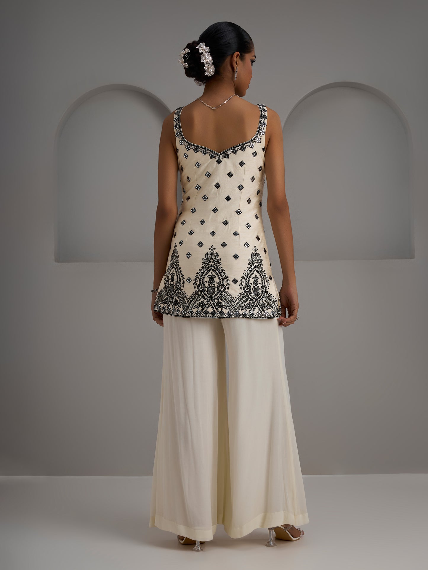 Ivory Tunic Kurta With Dupatta And Flared Sharara Pants