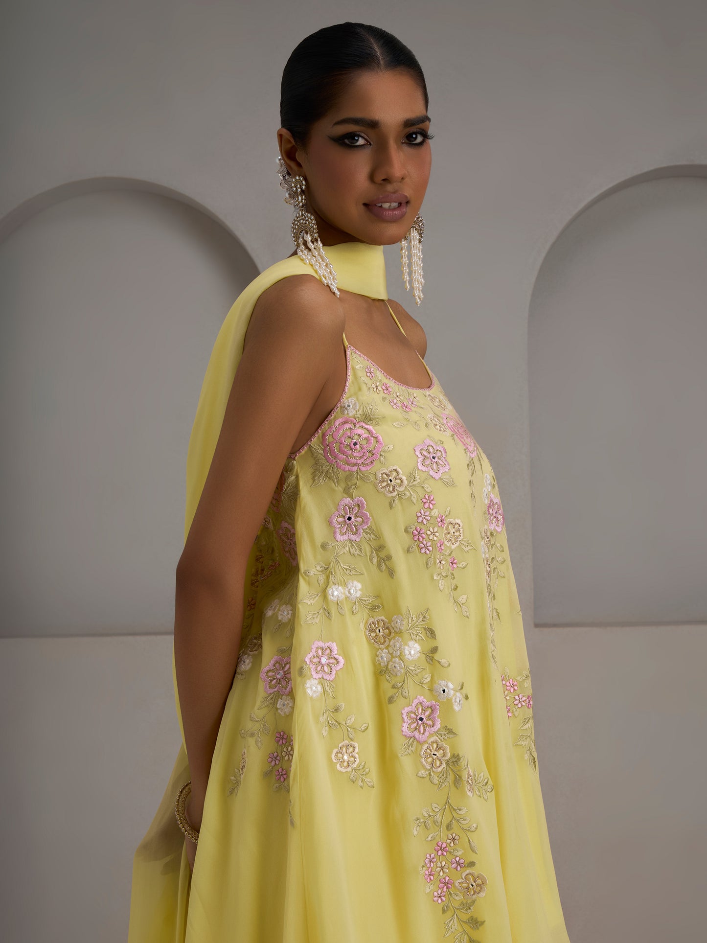 Lemon Yellow Georgette Kurti With Sharara And Dupatta