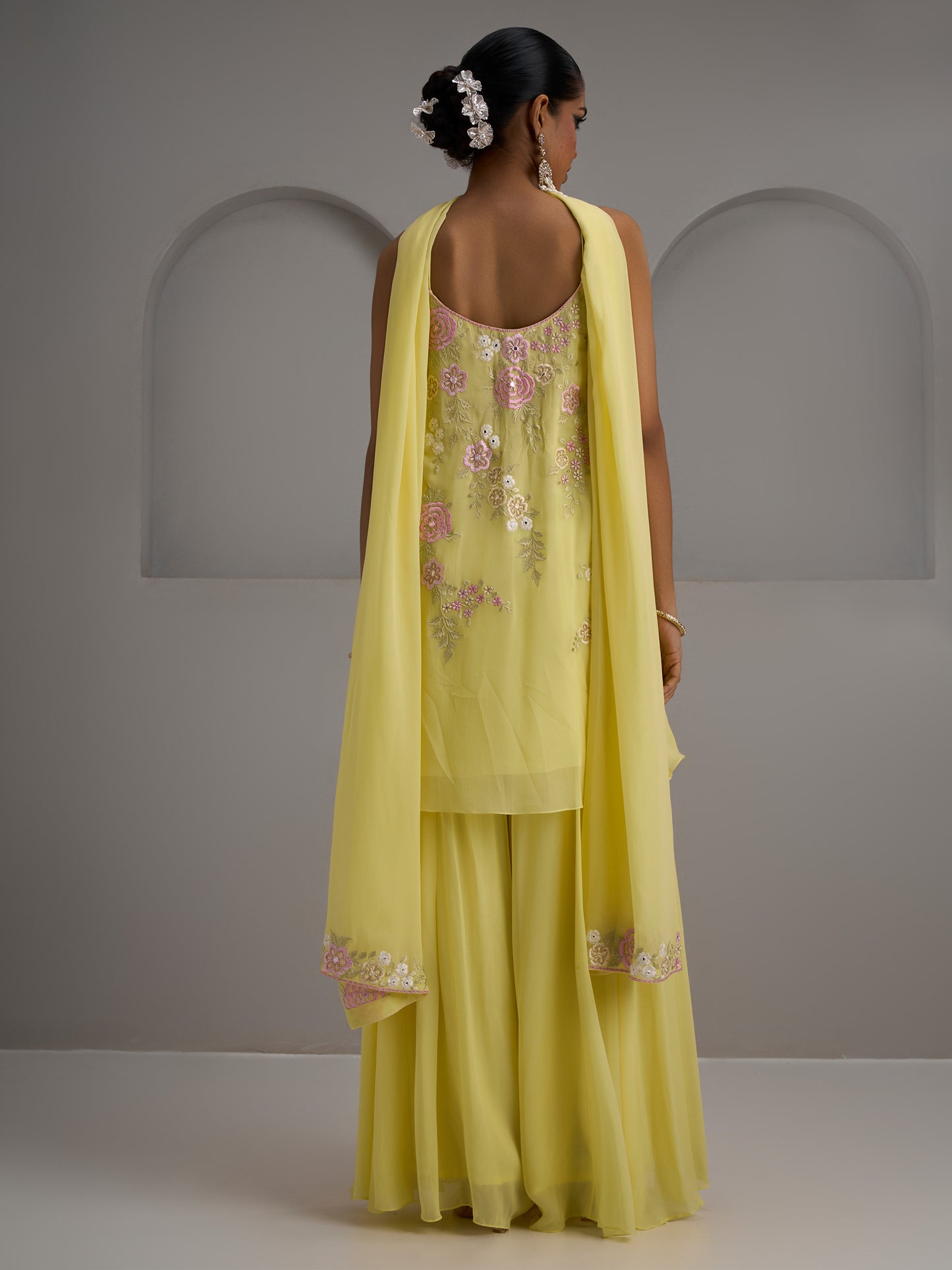 Lemon Yellow Georgette Kurti With Sharara And Dupatta