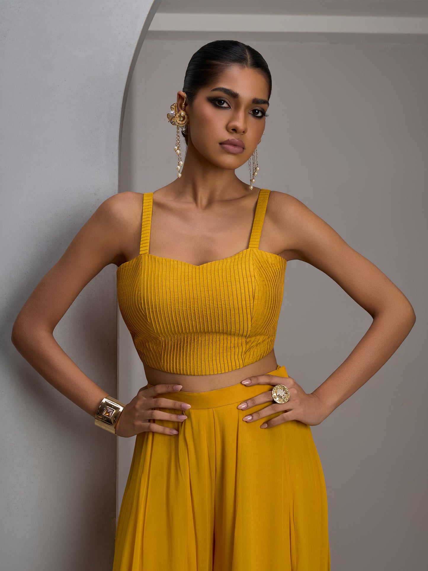 Mustard Jacket With Bustier And Pants