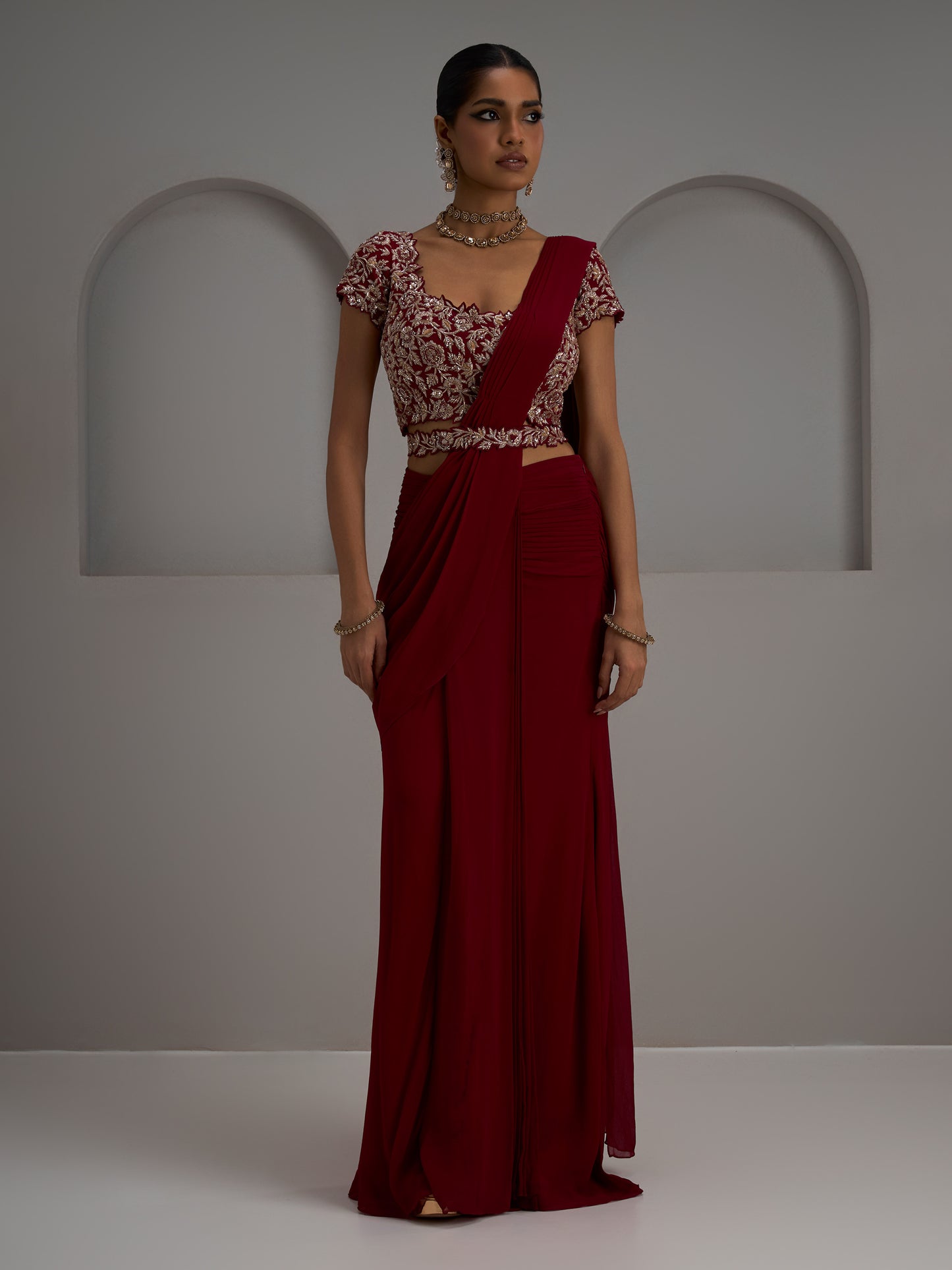 Alamkara Cutwork Georgette Blouse With Drape Saree And Belt