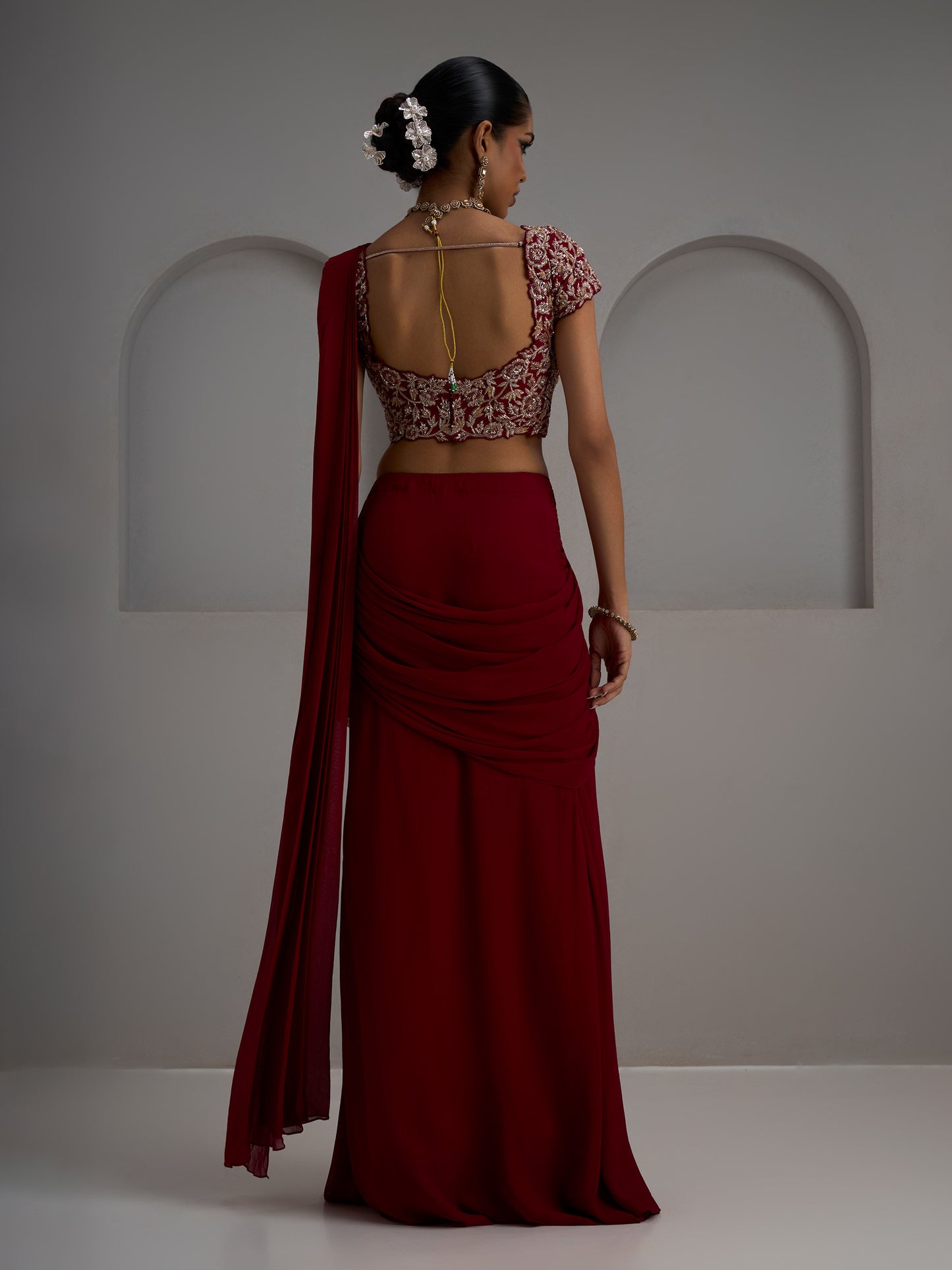 Alamkara Cutwork Georgette Blouse With Drape Saree And Belt