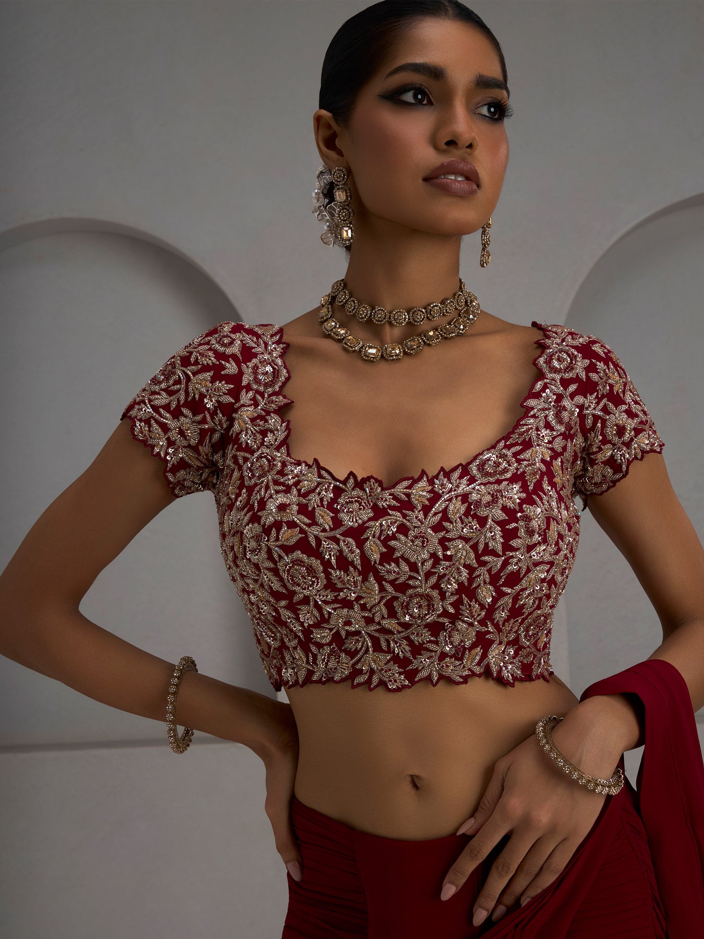 Alamkara Cutwork Georgette Blouse With Drape Saree And Belt