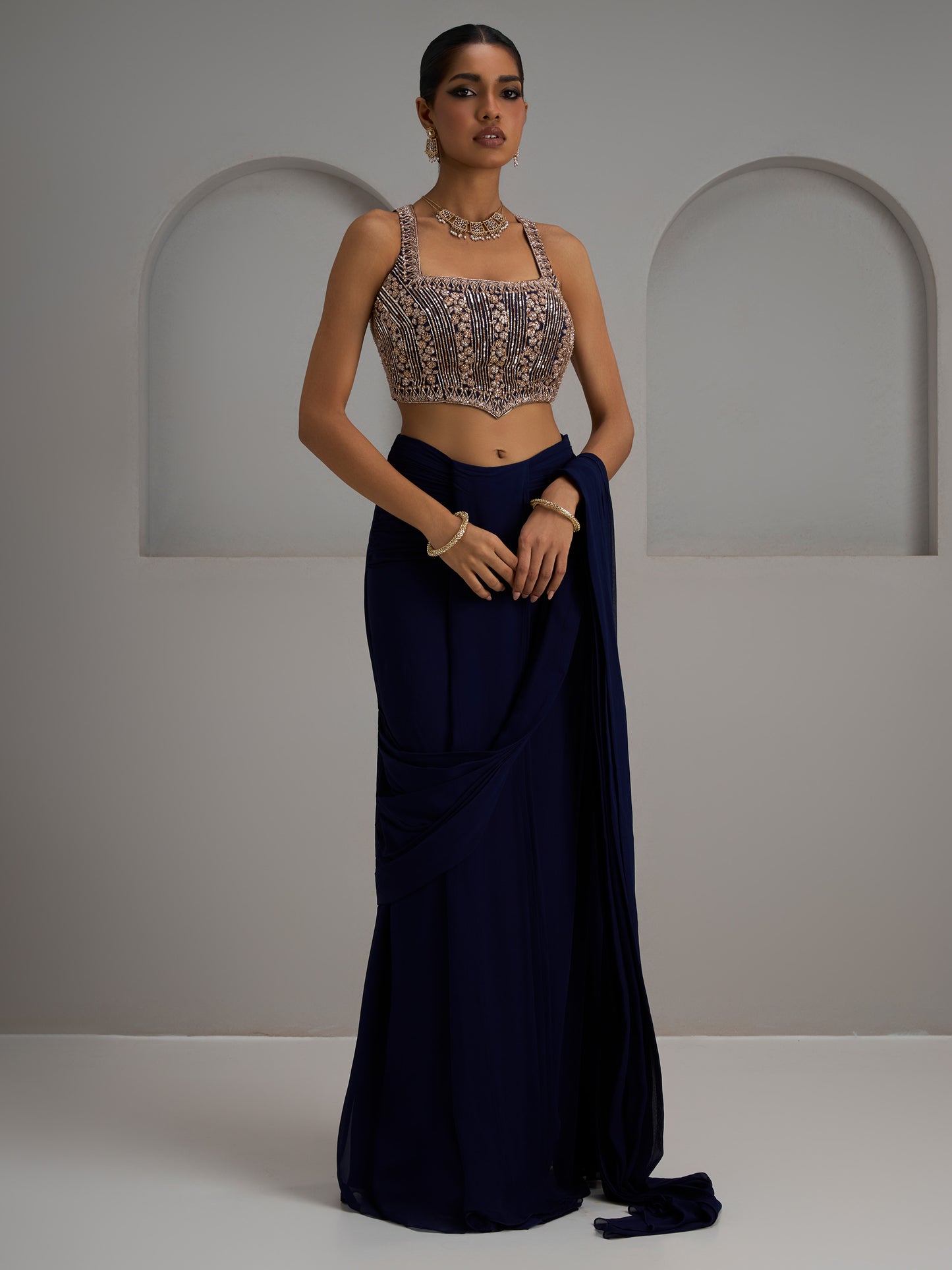 Navy Net Blouse With Hip Rushed Saree And Belt