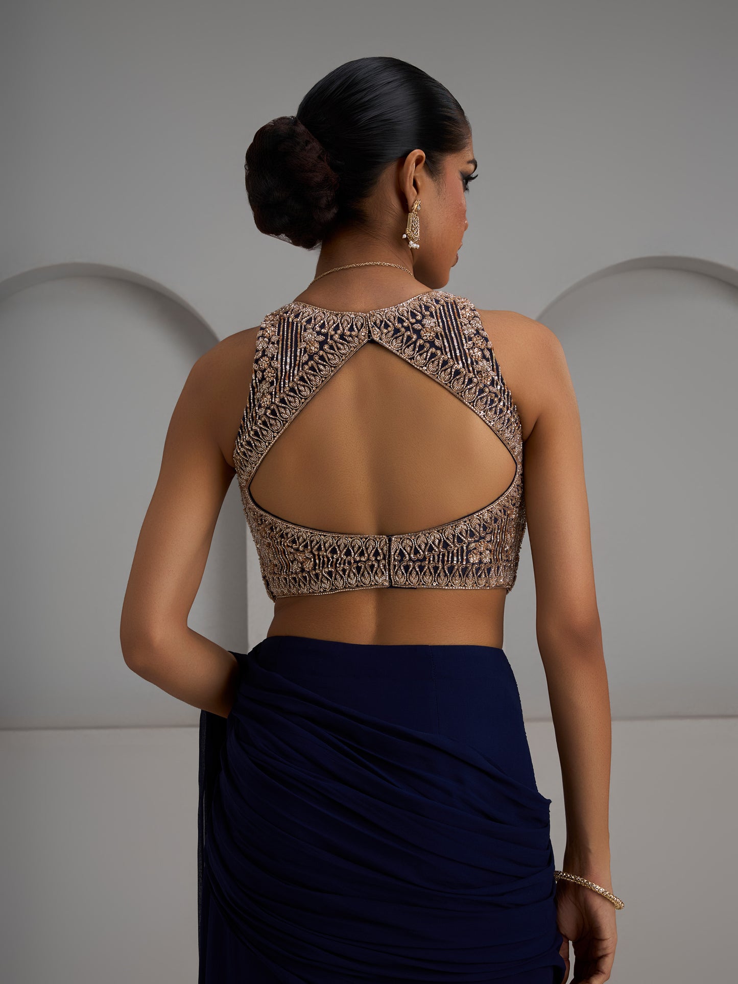 Navy Net Blouse With Hip Rushed Saree And Belt