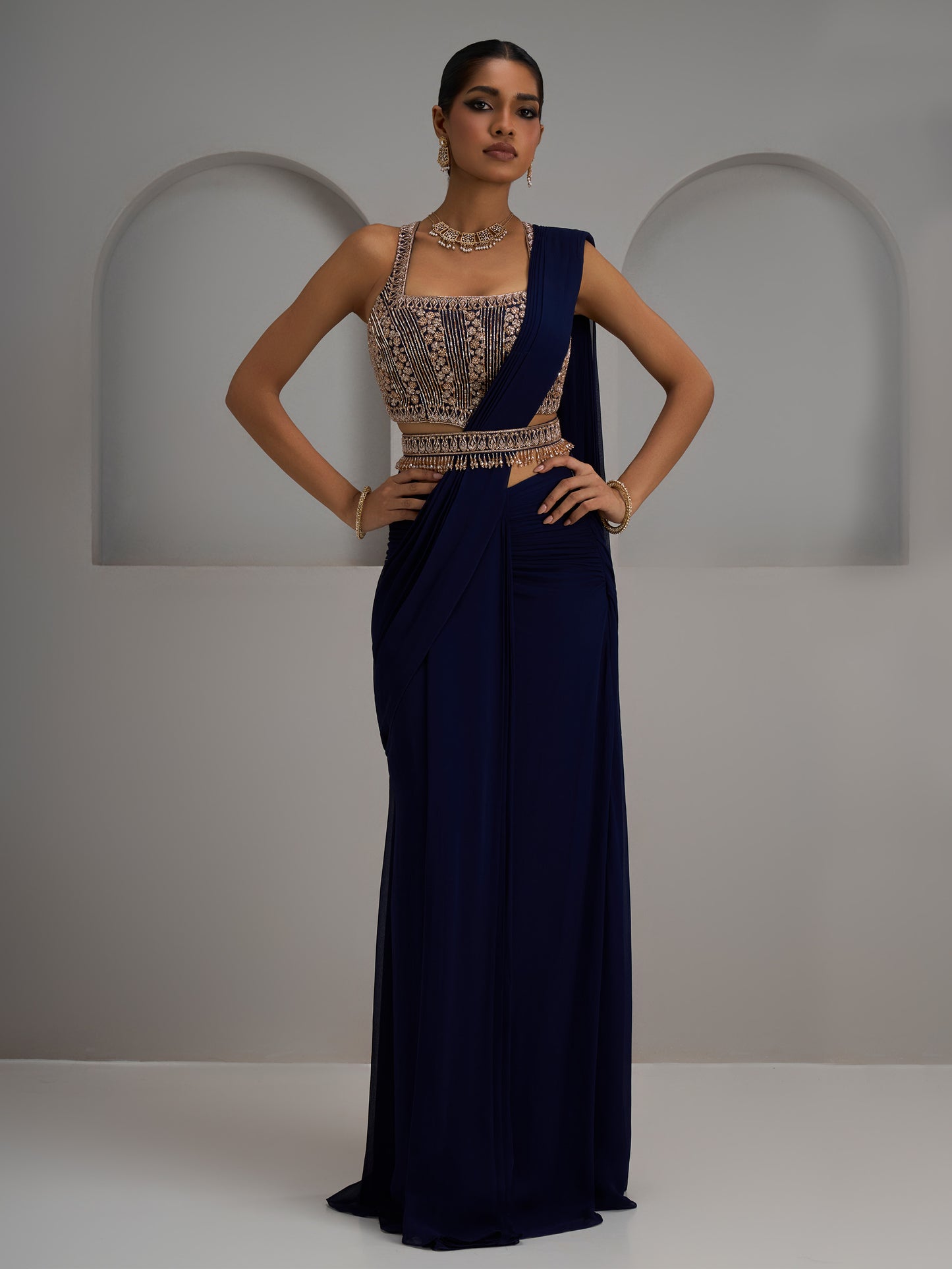 Navy Net Blouse With Hip Rushed Saree And Belt